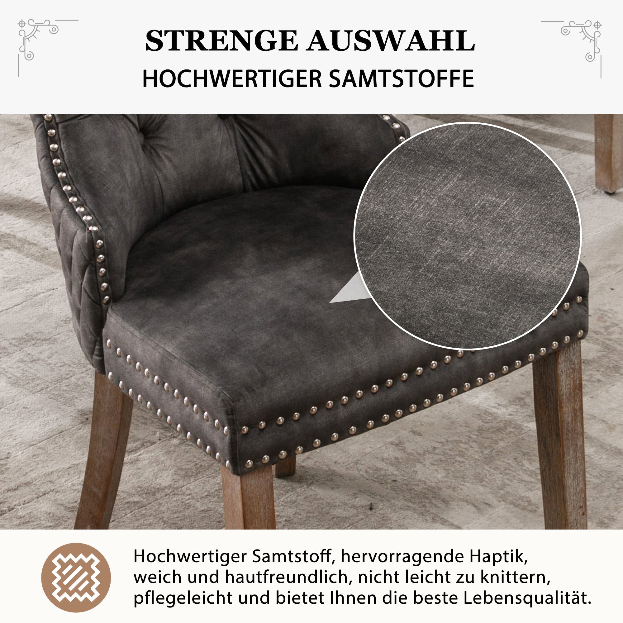 Set of 4 Dining Chairs Upholstered Door Knocker Back Solid Wood Grey Velvet