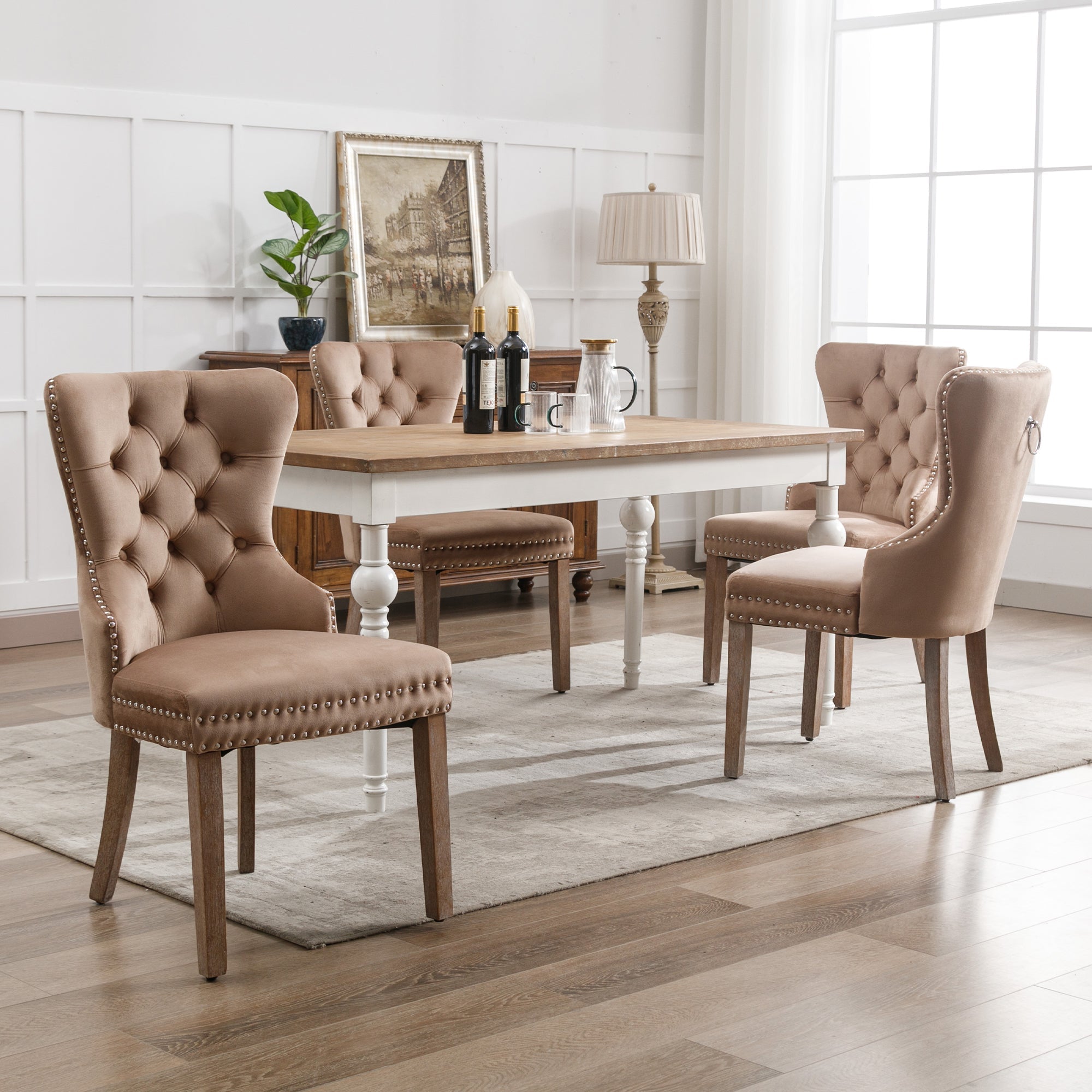 Dining Chair Set of 4, Upholstered Door Knocker Back Nailhead Trim, Brown Velvet