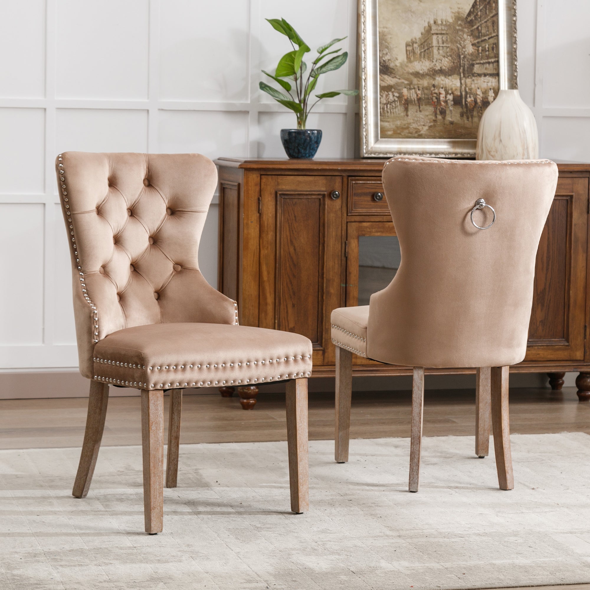 Dining Chair Velvet Upholstered Door Knocker Nailhead Trim Solid Wood Legs 2-Piece Brown