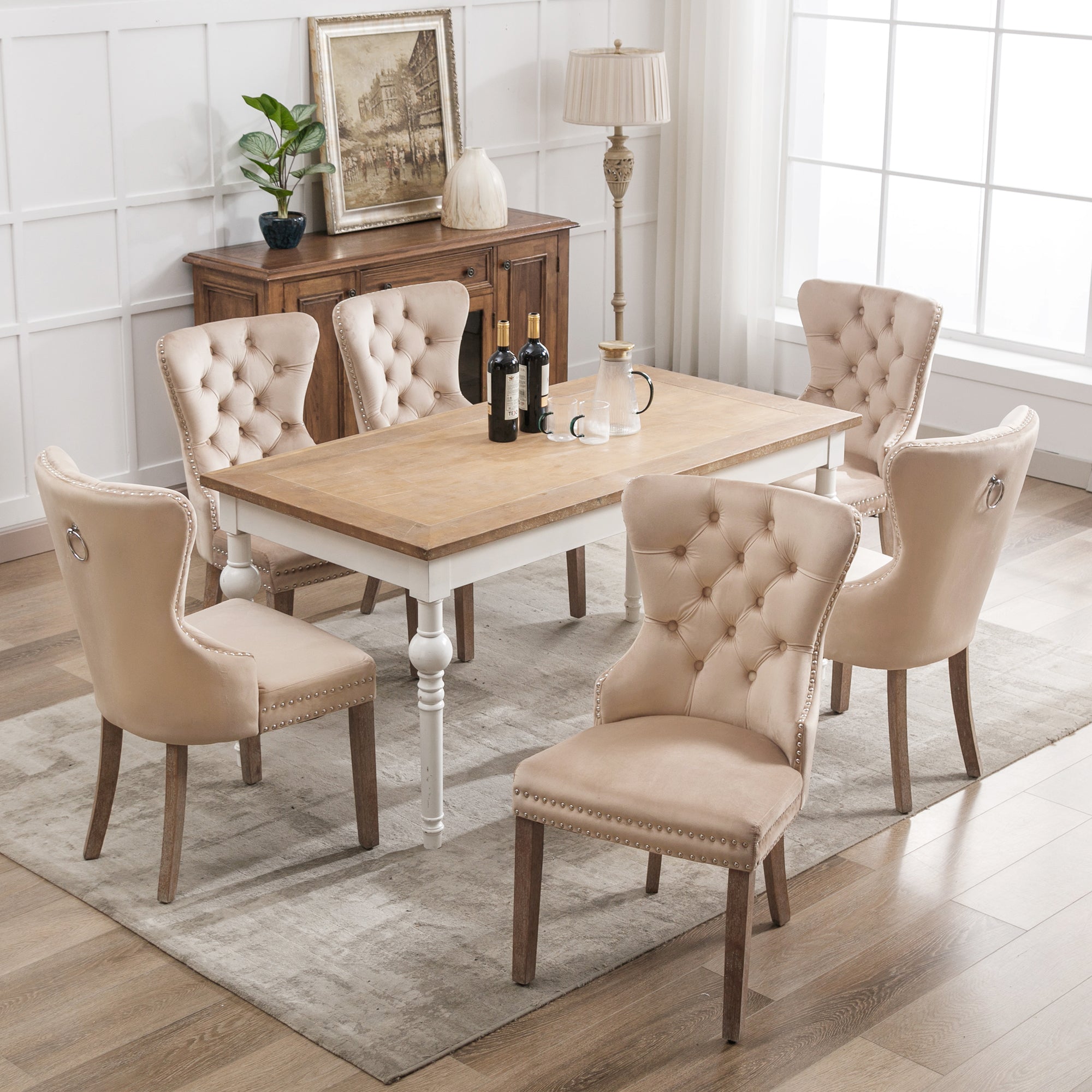 Dining Chair Set 6 Pieces Door Knocker Back Nailhead Trim Solid Wood Legs Beige Velvet
