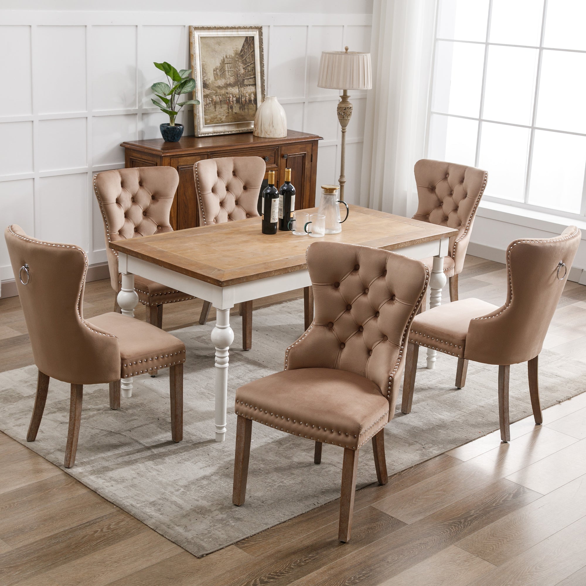 Dining Chair Set of 6 - Upholstered Nailhead Trim Door Knocker Back Solid Wood Legs - Brown Velvet