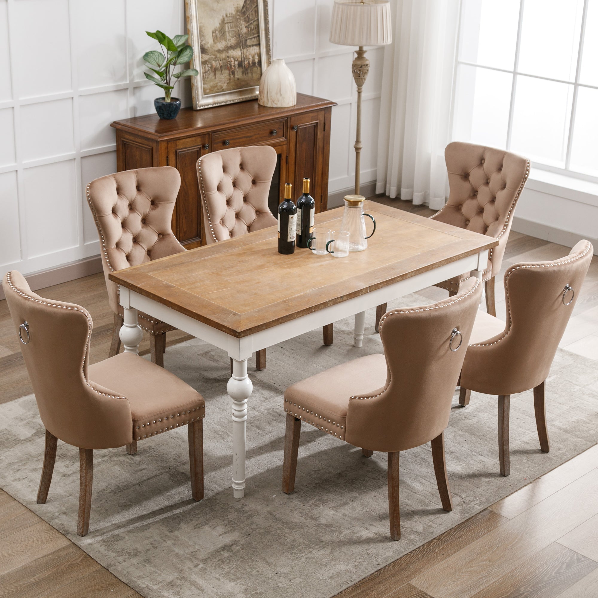Dining Chair Set of 6 - Upholstered Nailhead Trim Door Knocker Back Solid Wood Legs - Brown Velvet