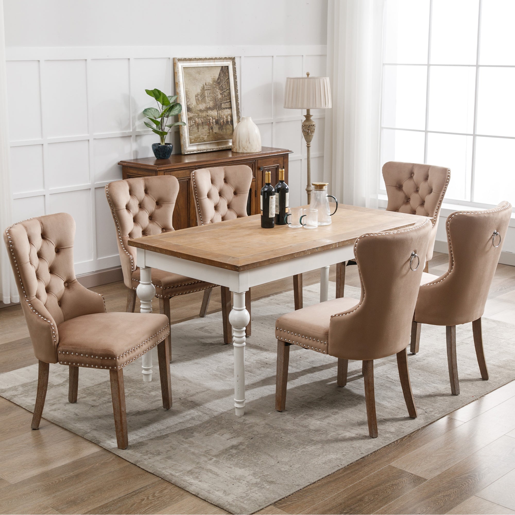 Dining Chair Set of 6 - Upholstered Nailhead Trim Door Knocker Back Solid Wood Legs - Brown Velvet