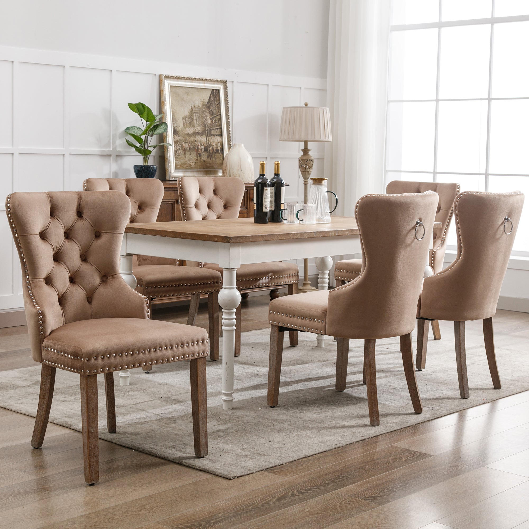 Dining Chair Set of 6 - Upholstered Nailhead Trim Door Knocker Back Solid Wood Legs - Brown Velvet