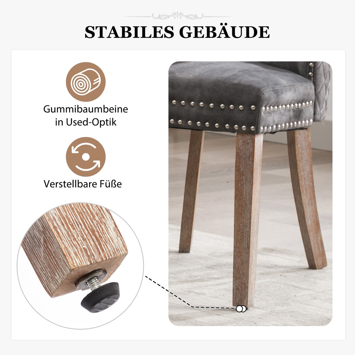 Dining Chair Set of 2 Upholstered Door Knocker Back Nailhead Trim Velvet, Grey