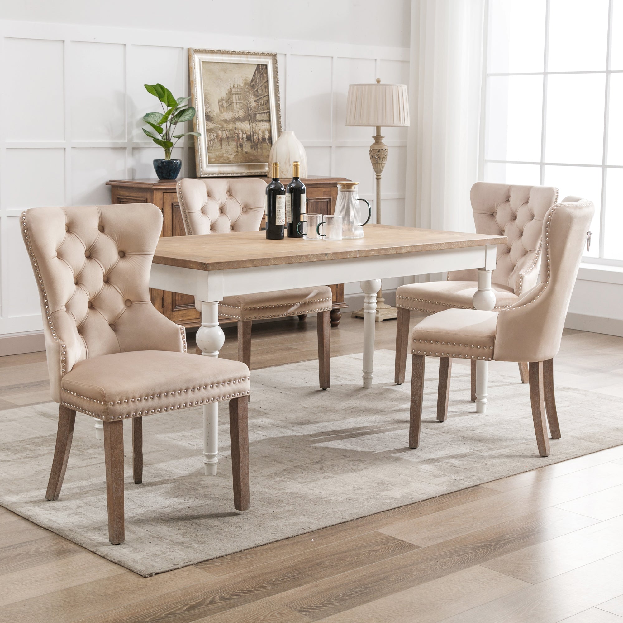 Dining Chair Set of 4 Upholstered Door Knocker Back Nailhead Trim Solid Wood Legs Beige Velvet