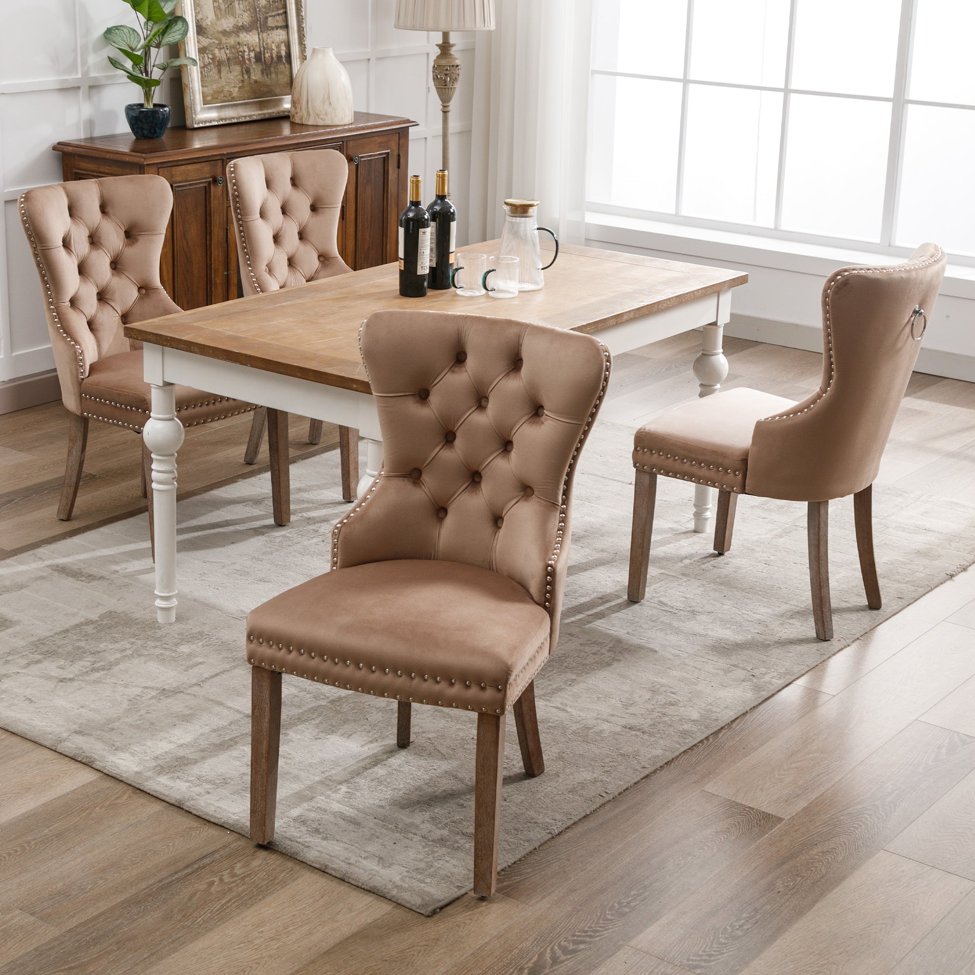 Dining Chair Set of 4, Upholstered Door Knocker Back Nailhead Trim, Brown Velvet