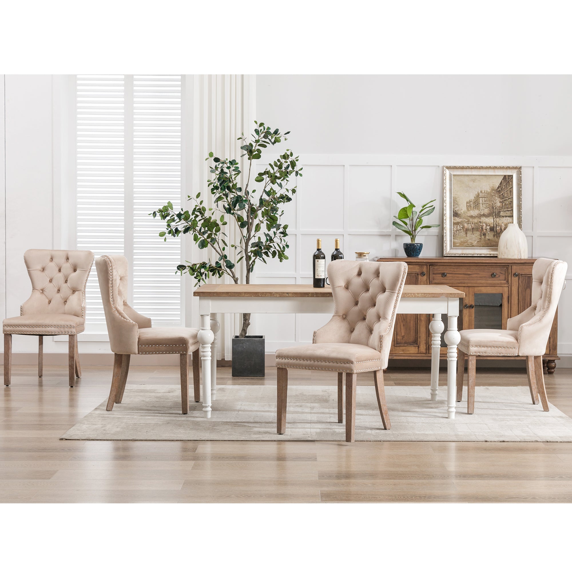 Dining Chair Set of 4 Upholstered Door Knocker Back Nailhead Trim Solid Wood Legs Beige Velvet