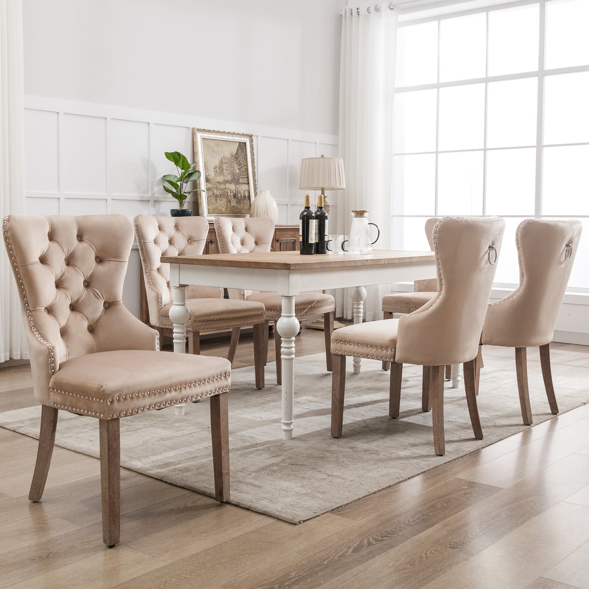 Dining Chair Set 6 Pieces Door Knocker Back Nailhead Trim Solid Wood Legs Beige Velvet