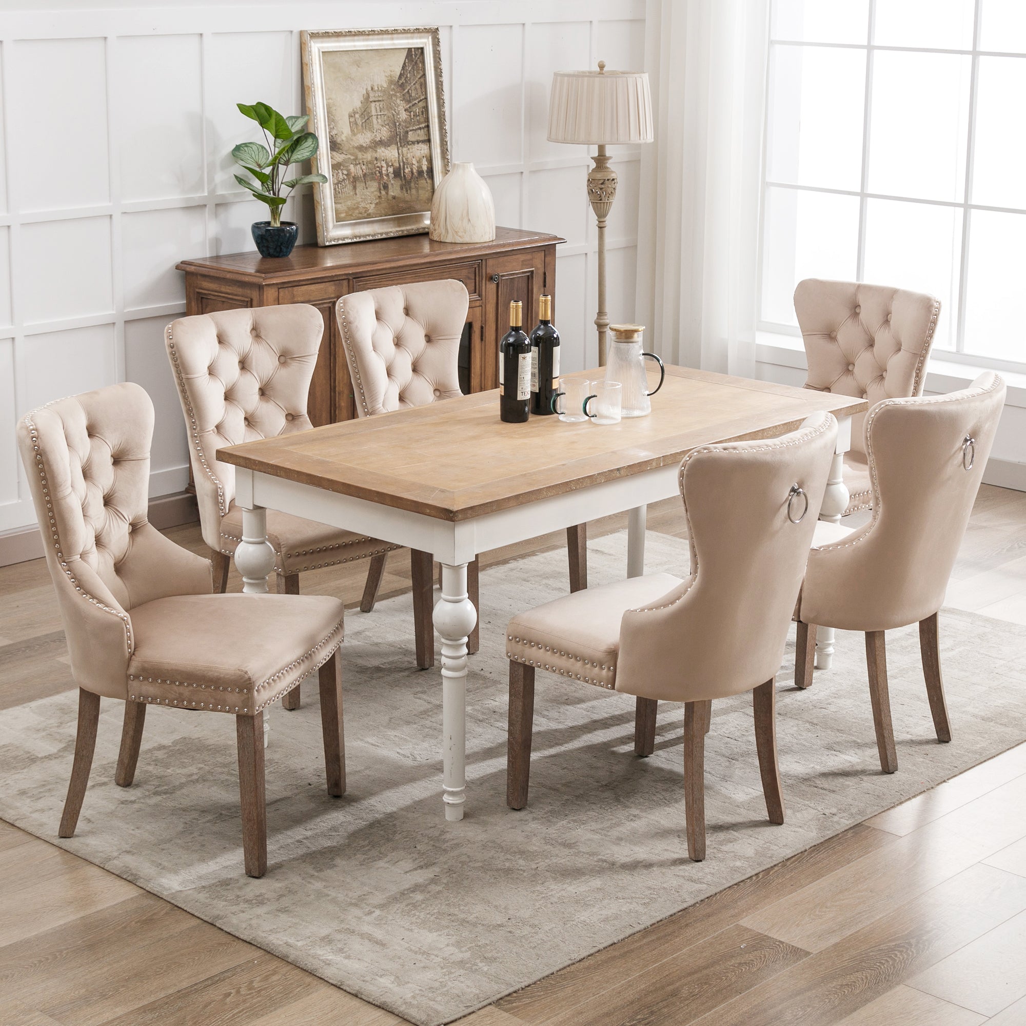 Dining Chair Set 6 Pieces Door Knocker Back Nailhead Trim Solid Wood Legs Beige Velvet