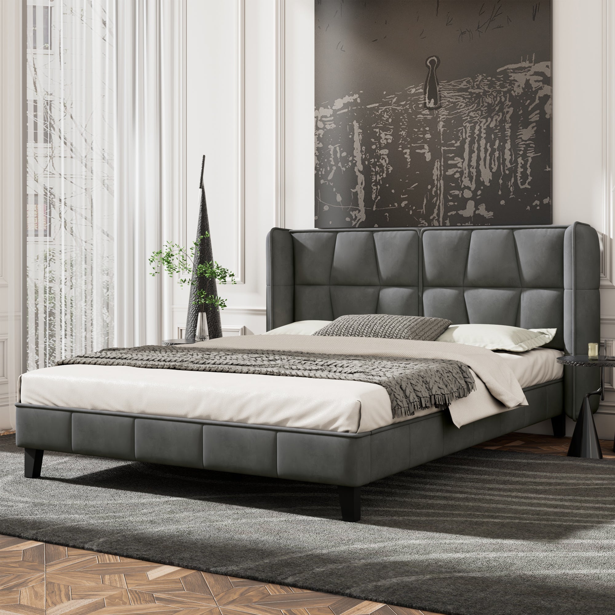 Upholstered Bed 140x200 Slatted Base Headboard Easy Assembly, Velvet Grey
