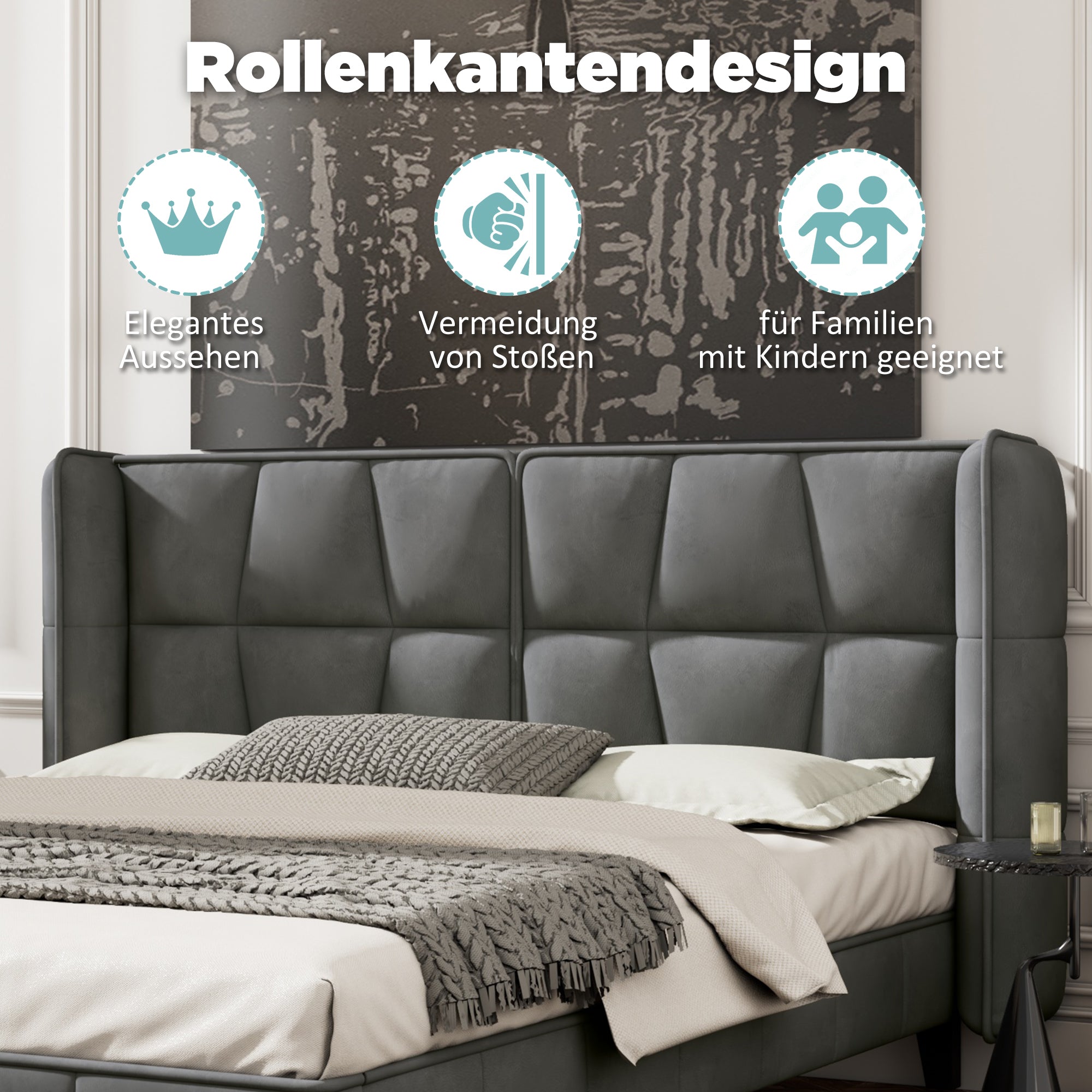Upholstered Bed 140x200 Slatted Base Headboard Easy Assembly, Velvet Grey