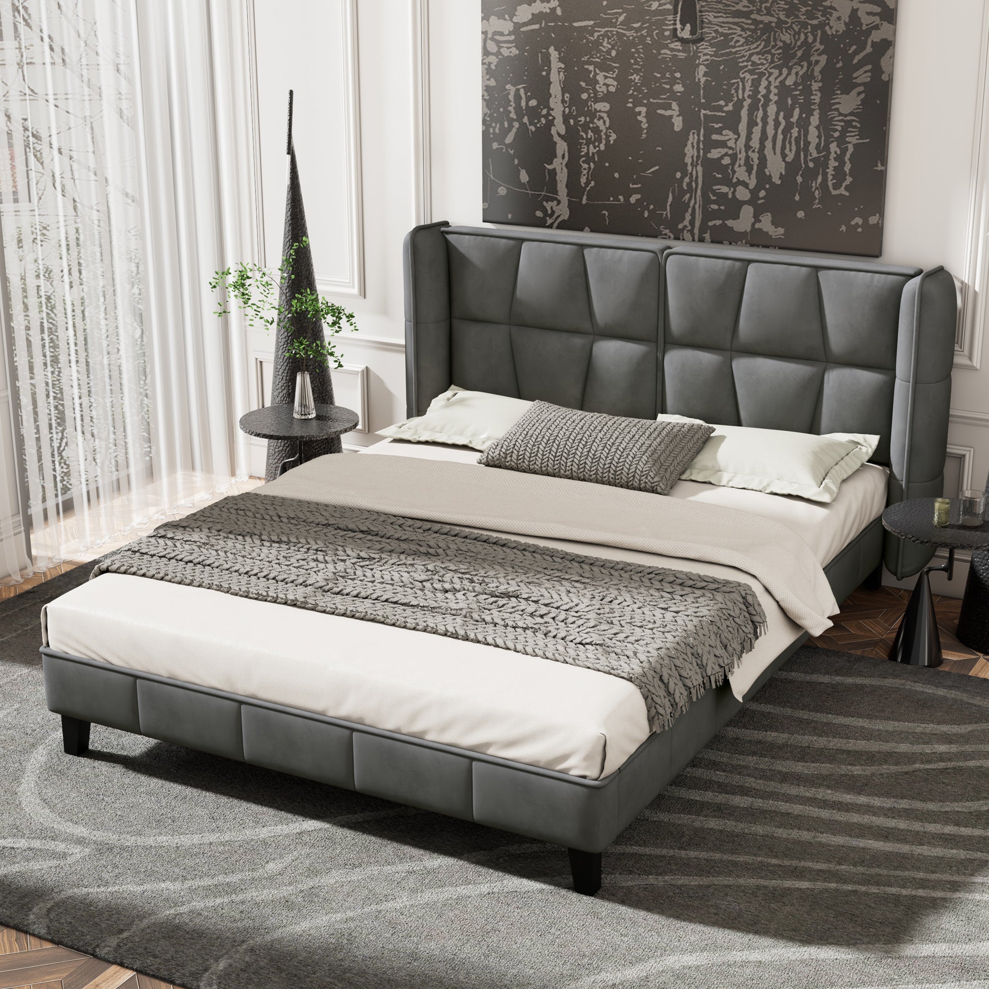Upholstered Bed 140x200 Slatted Base Headboard Easy Assembly, Velvet Grey