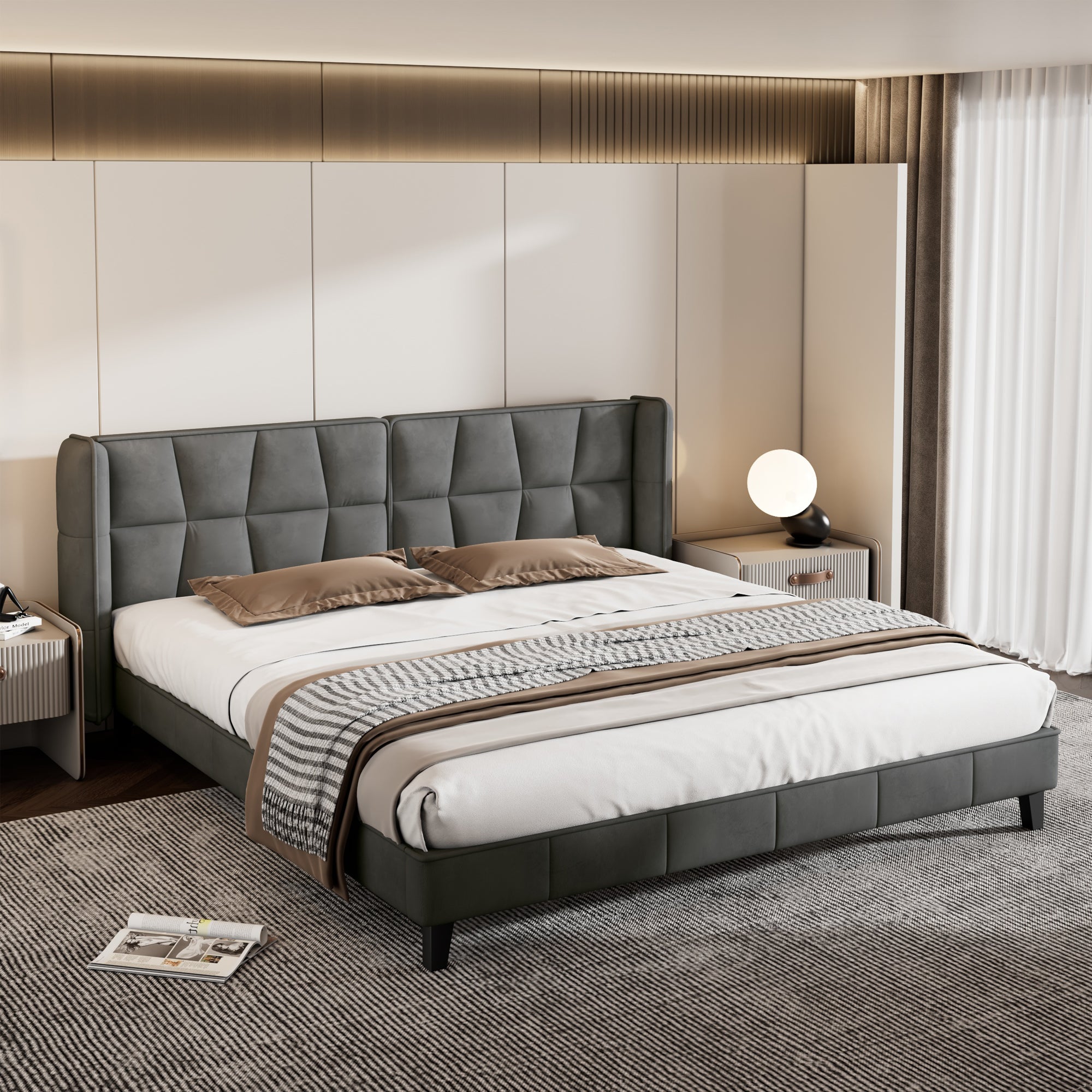 Upholstered Bed with Slatted Base and Headboard, 160x200cm, Grey Velvet