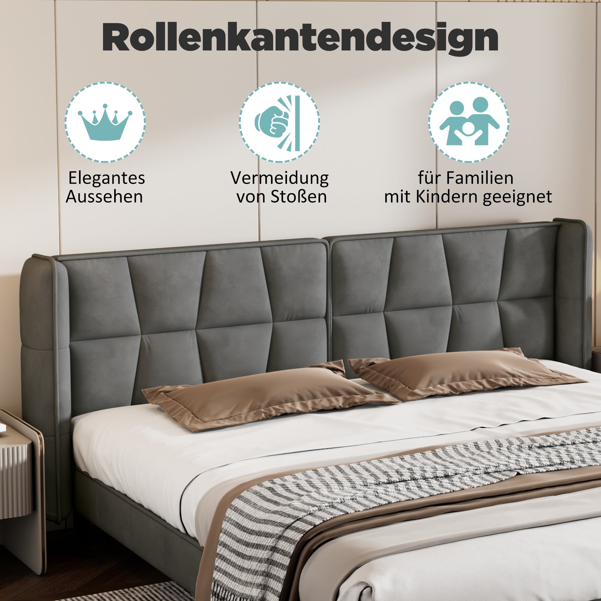 Upholstered Bed with Slatted Base and Headboard, 160x200cm, Grey Velvet