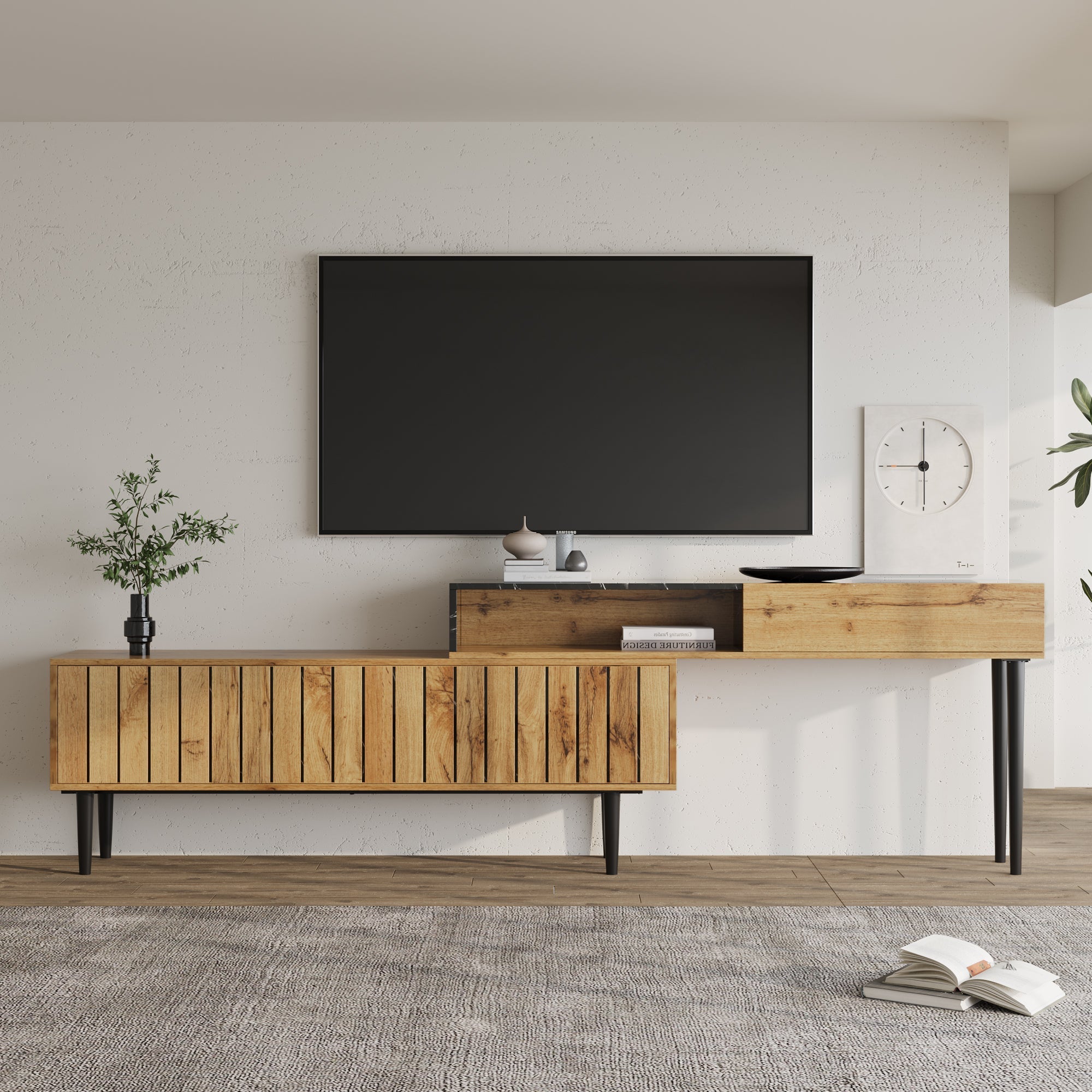 Modern TV Stand, Marble & Wood Grain Design, Dark Wood Color