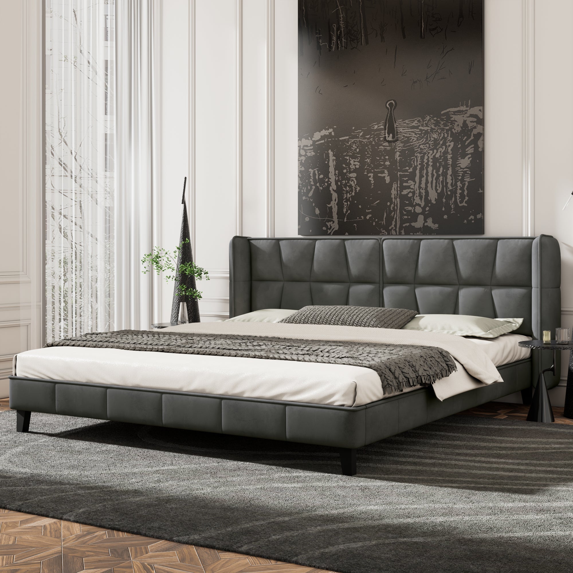Upholstered Bed 180x200 Slatted Base Headboard - Velvet Grey