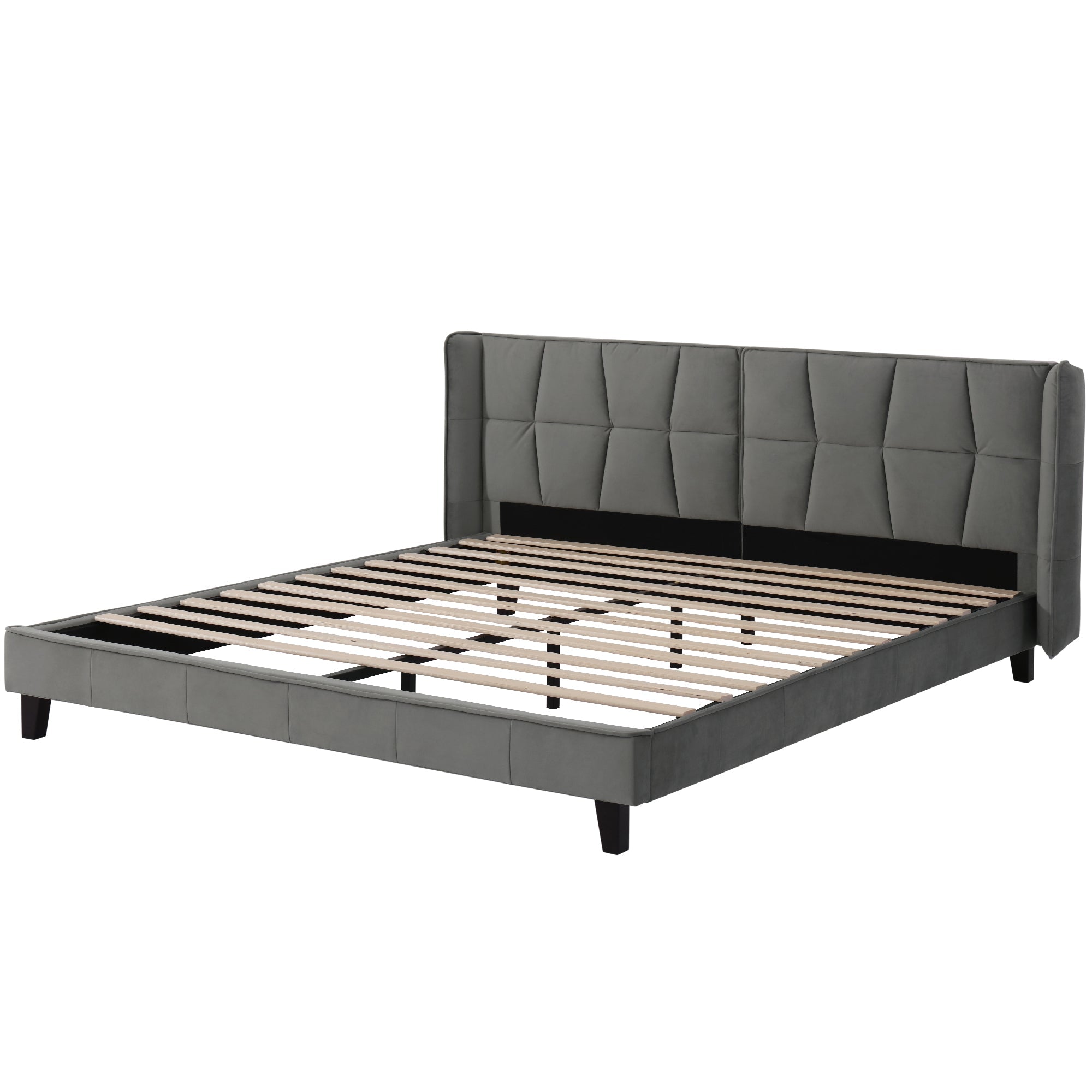 Upholstered Bed with Slatted Base and Headboard, 160x200cm, Grey Velvet