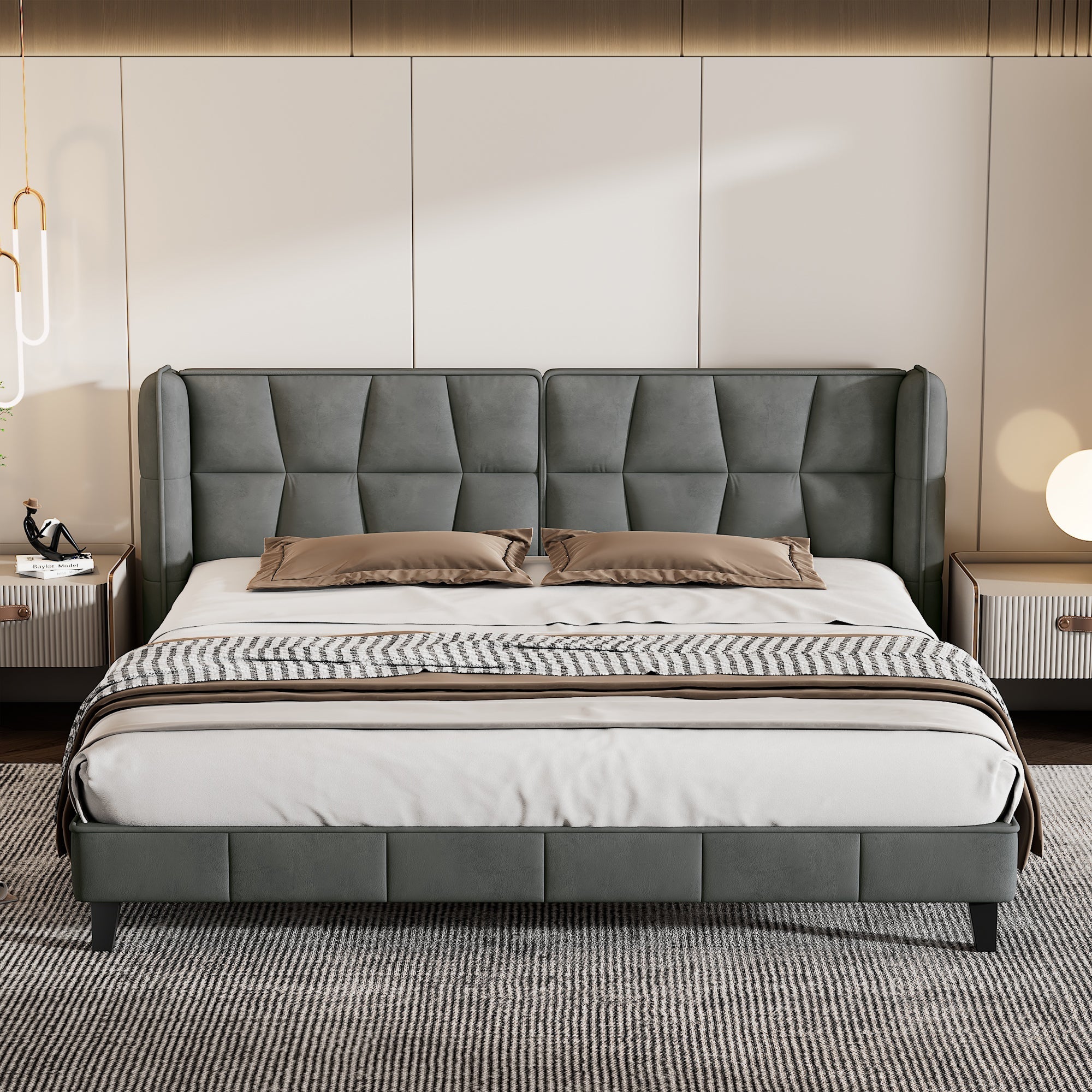Upholstered Bed with Slatted Base and Headboard, 160x200cm, Grey Velvet