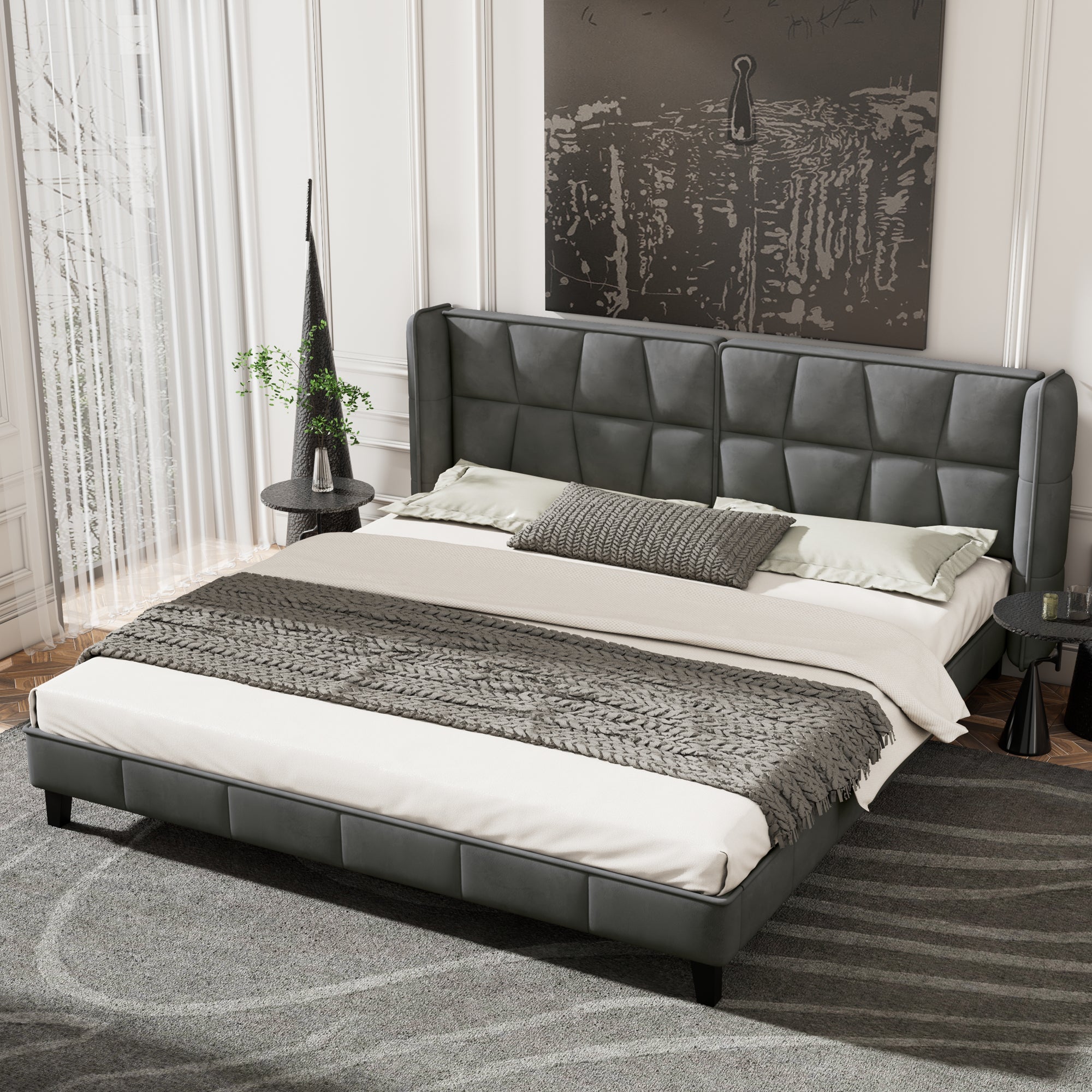 Upholstered Bed with Slatted Base and Headboard, 160x200cm, Grey Velvet