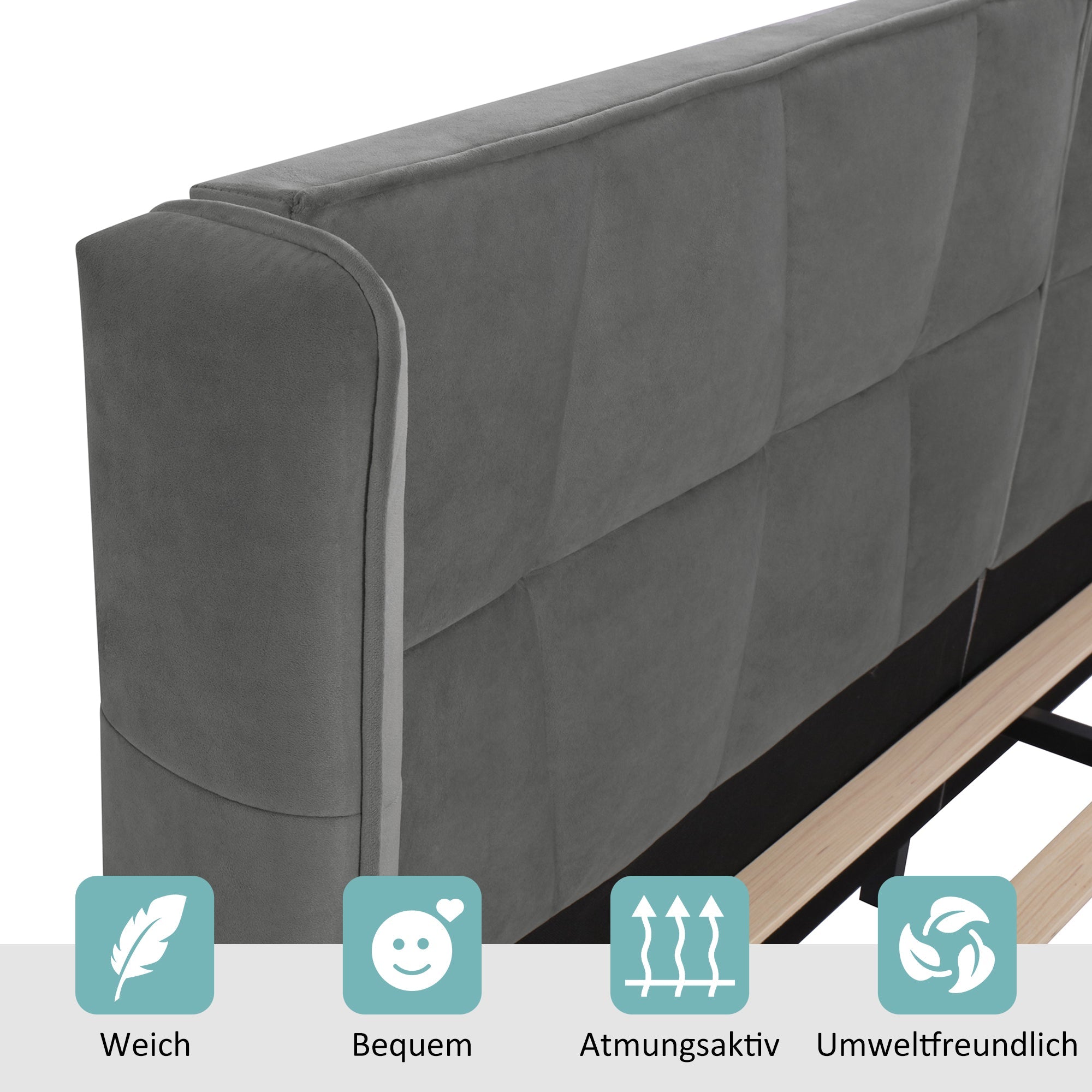 Upholstered Bed with Slatted Base and Headboard, 160x200cm, Grey Velvet