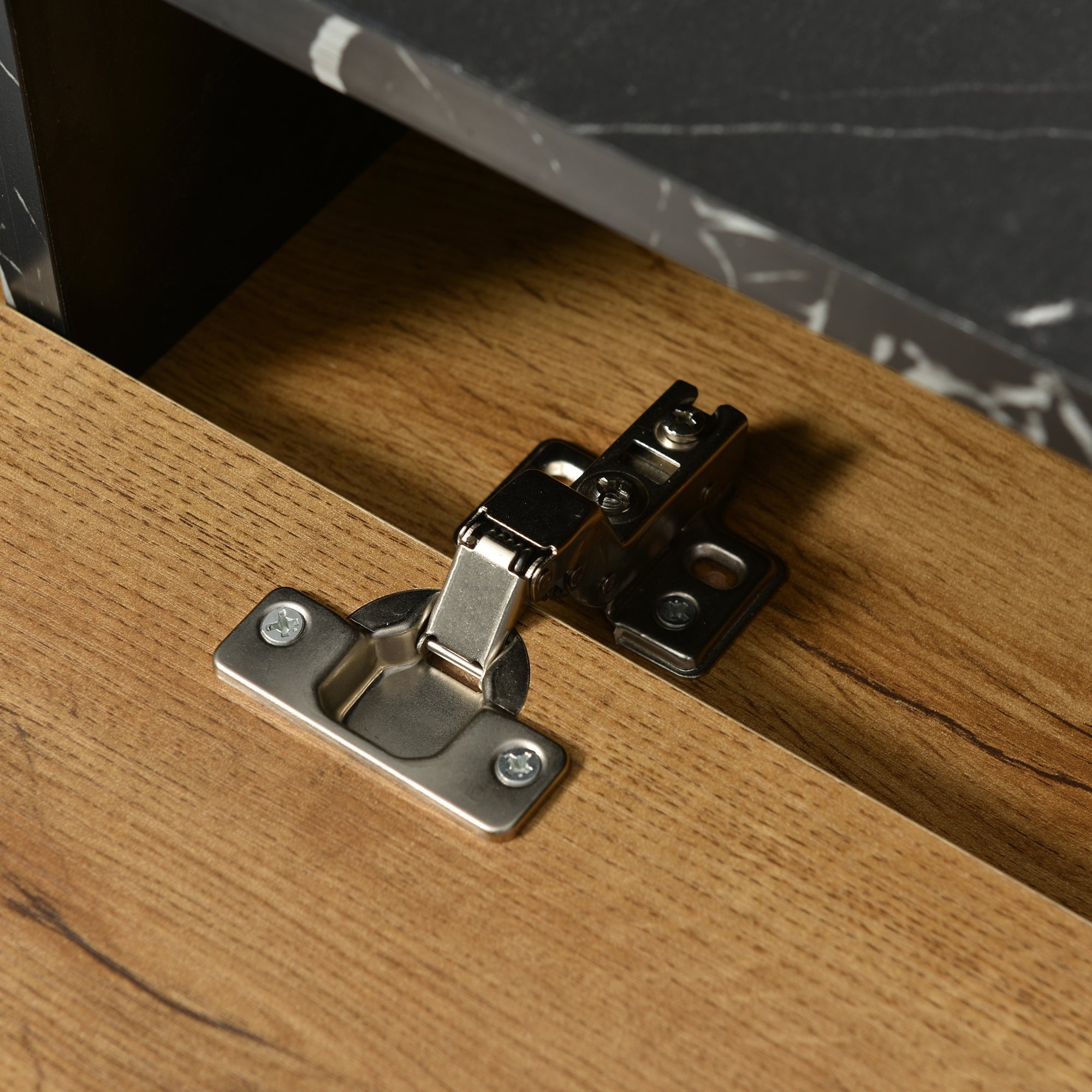 Modern TV Stand, Marble & Wood Grain Design, Dark Wood Color