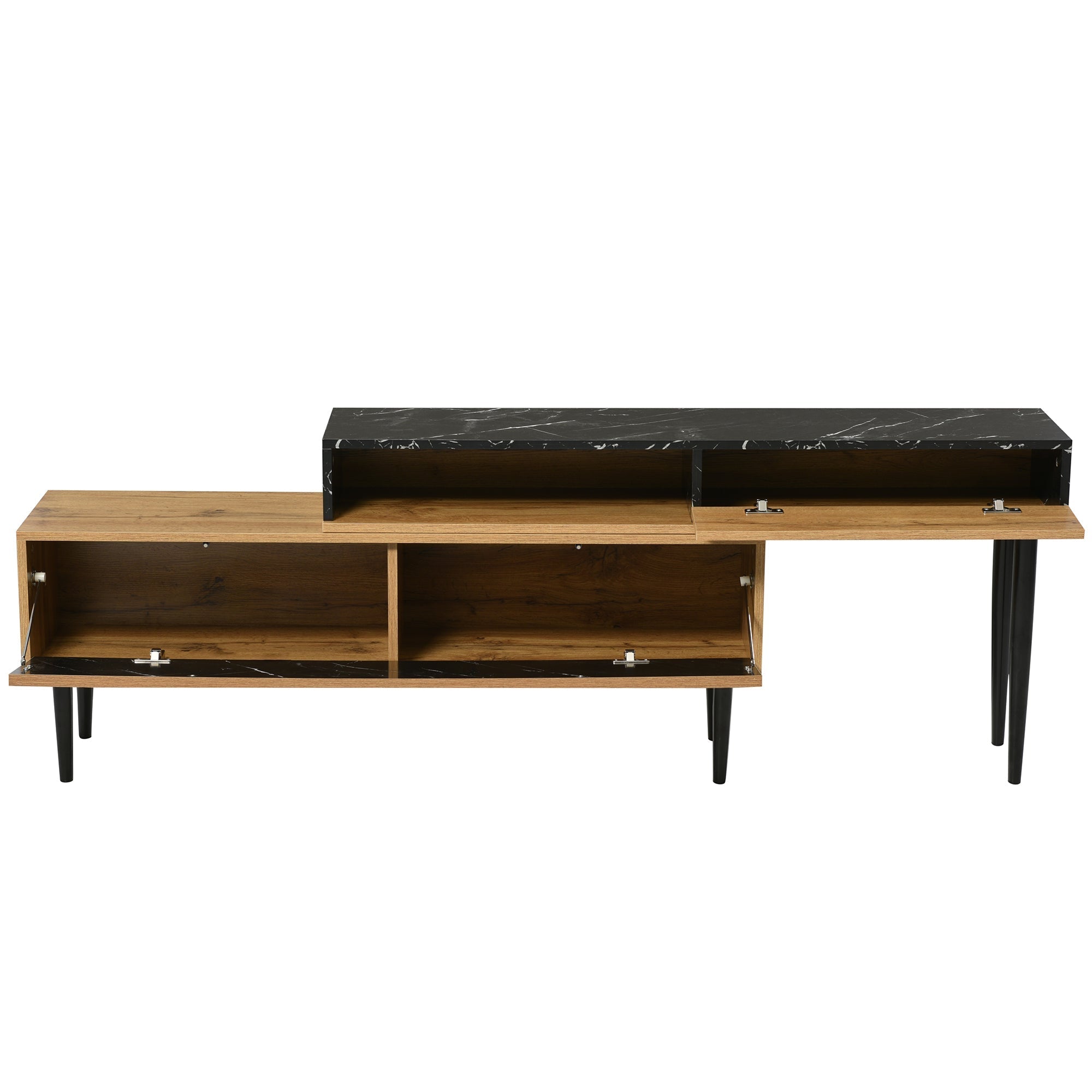 Modern TV Stand, Marble & Wood Grain Design, Dark Wood Color