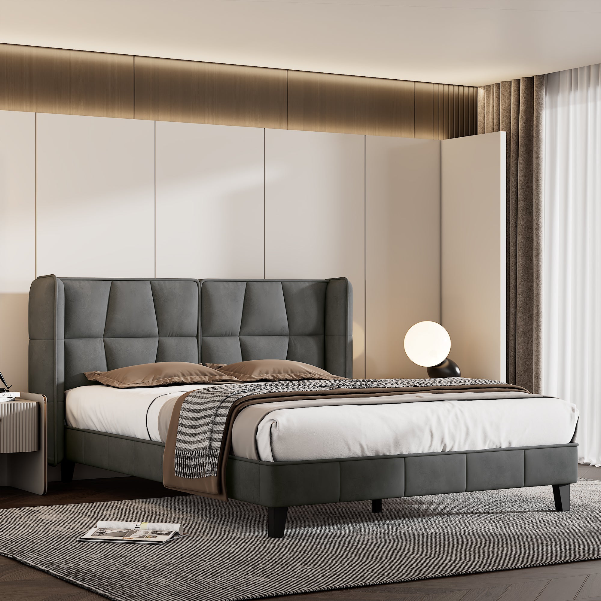 Upholstered Bed 140x200 Slatted Base Headboard Easy Assembly, Velvet Grey
