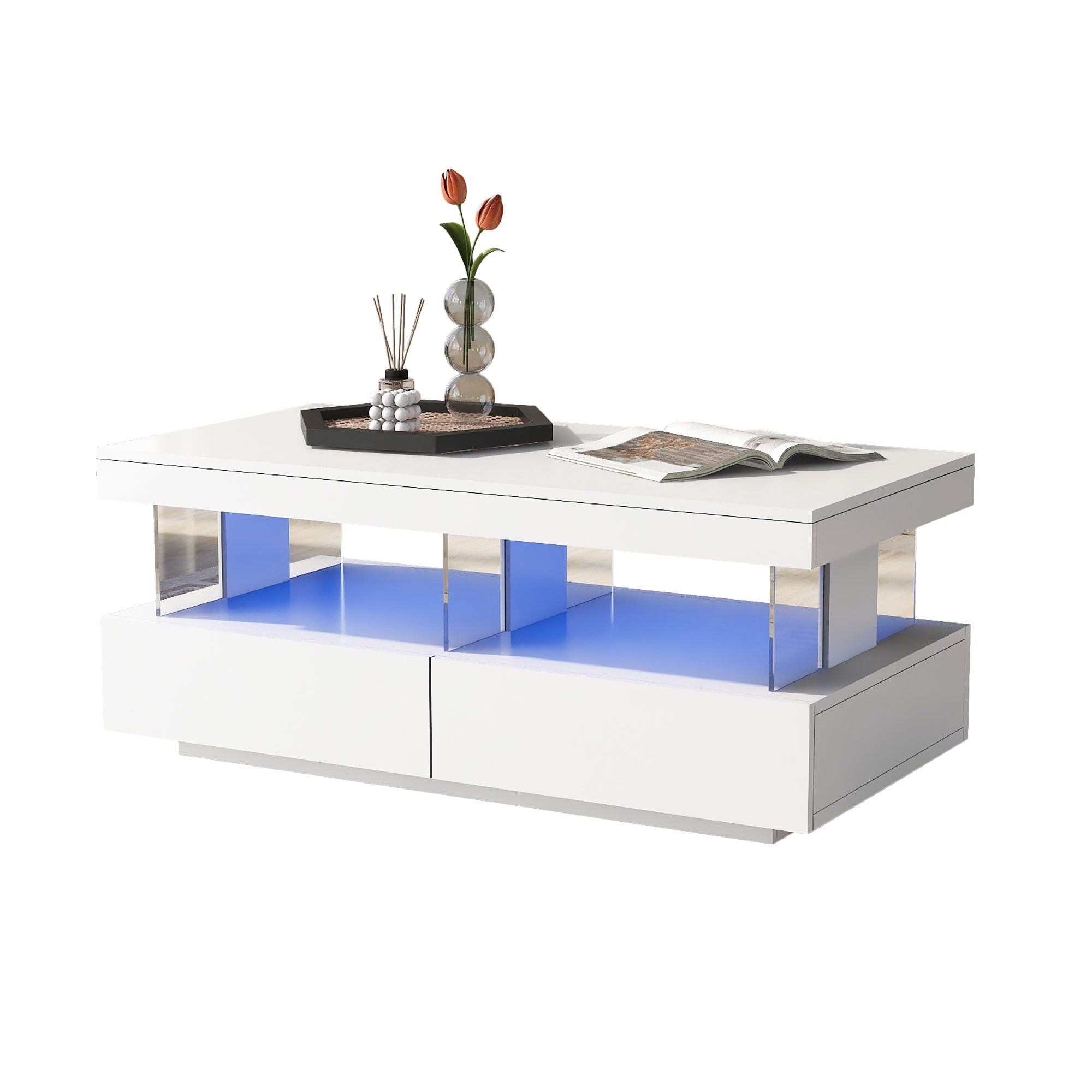 Modern Coffee Table with High-Gloss Top and 2 Drawers, White