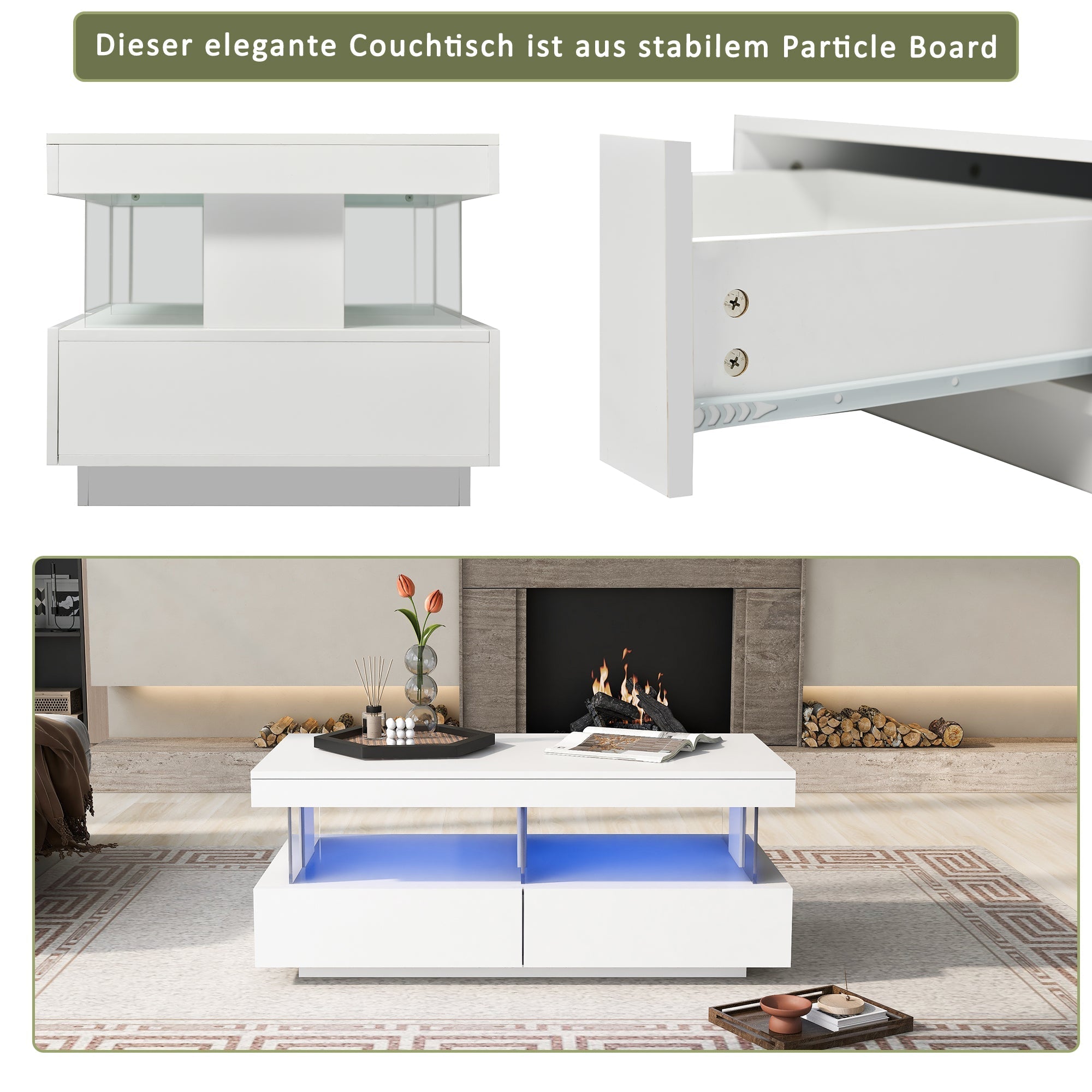 Modern Coffee Table with High-Gloss Top and 2 Drawers, White