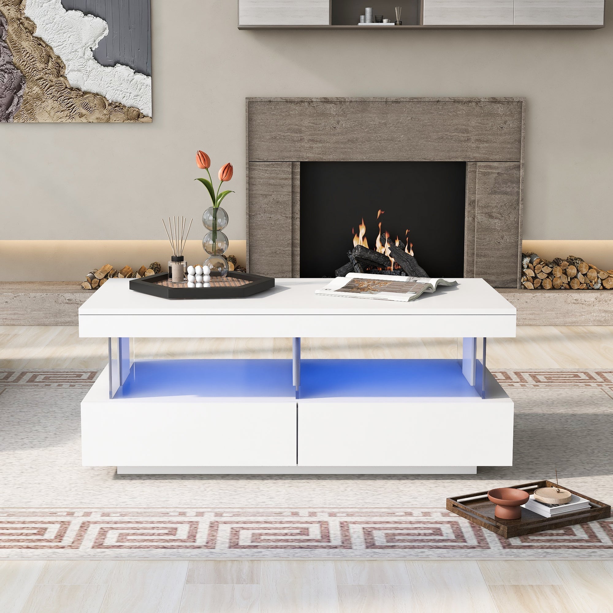 Modern Coffee Table with High-Gloss Top and 2 Drawers, White – Rathwood ...