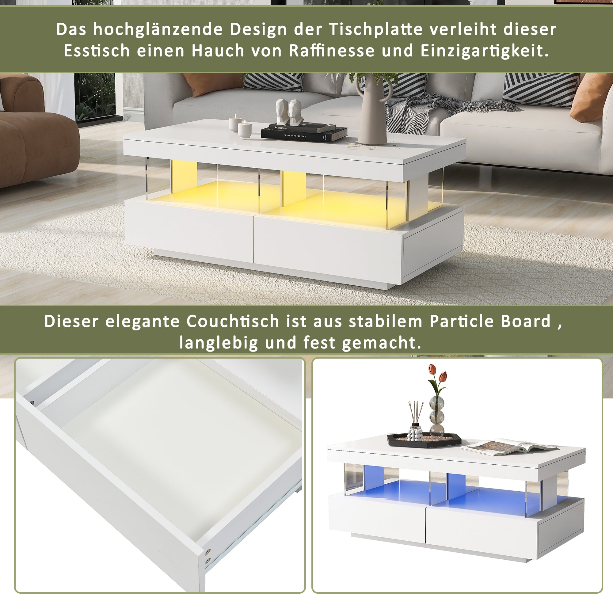 Modern Coffee Table with High-Gloss Top and 2 Drawers, White