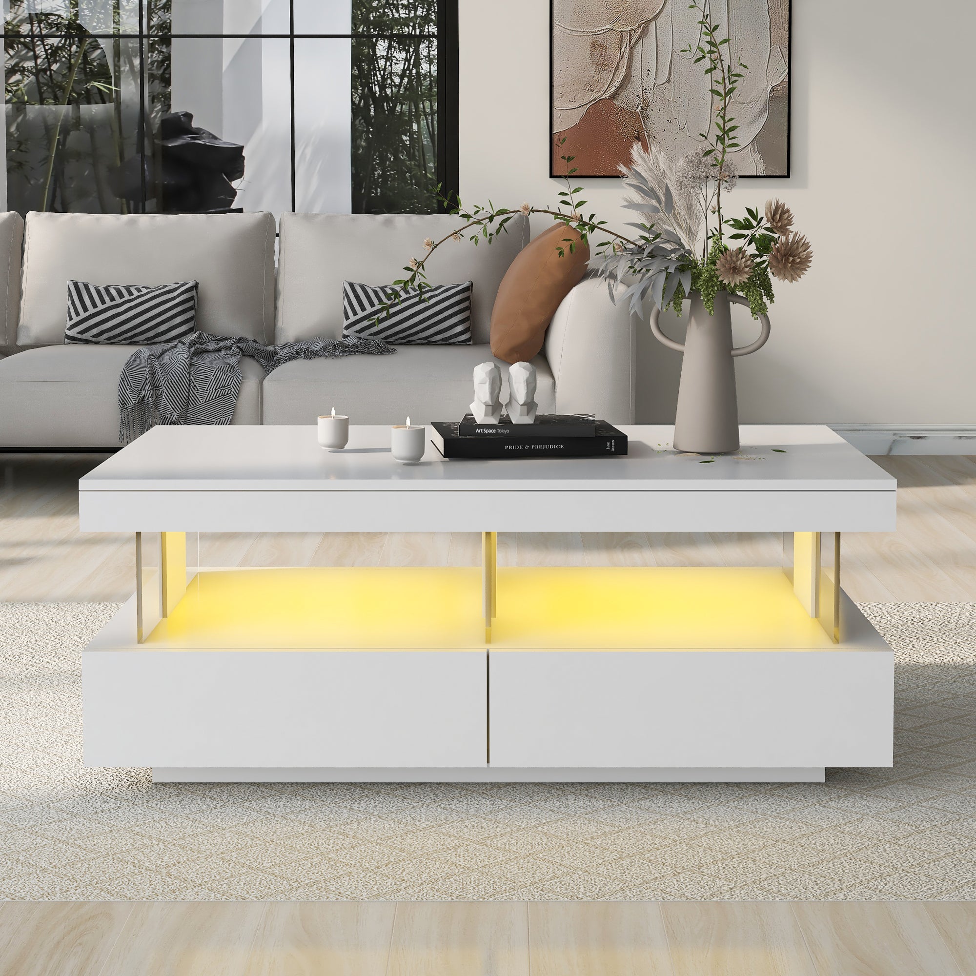 Modern Coffee Table with High-Gloss Top and 2 Drawers, White