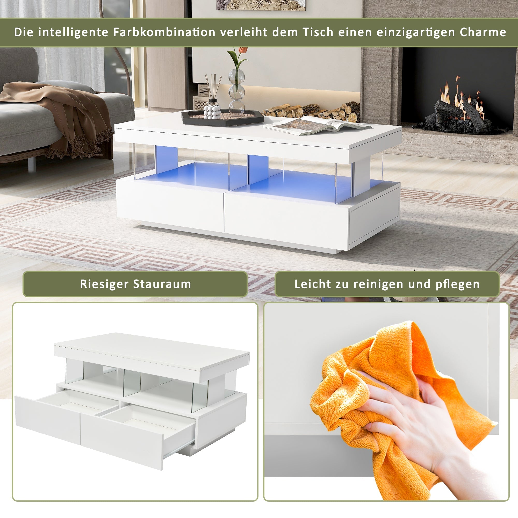 Modern Coffee Table with High-Gloss Top and 2 Drawers, White