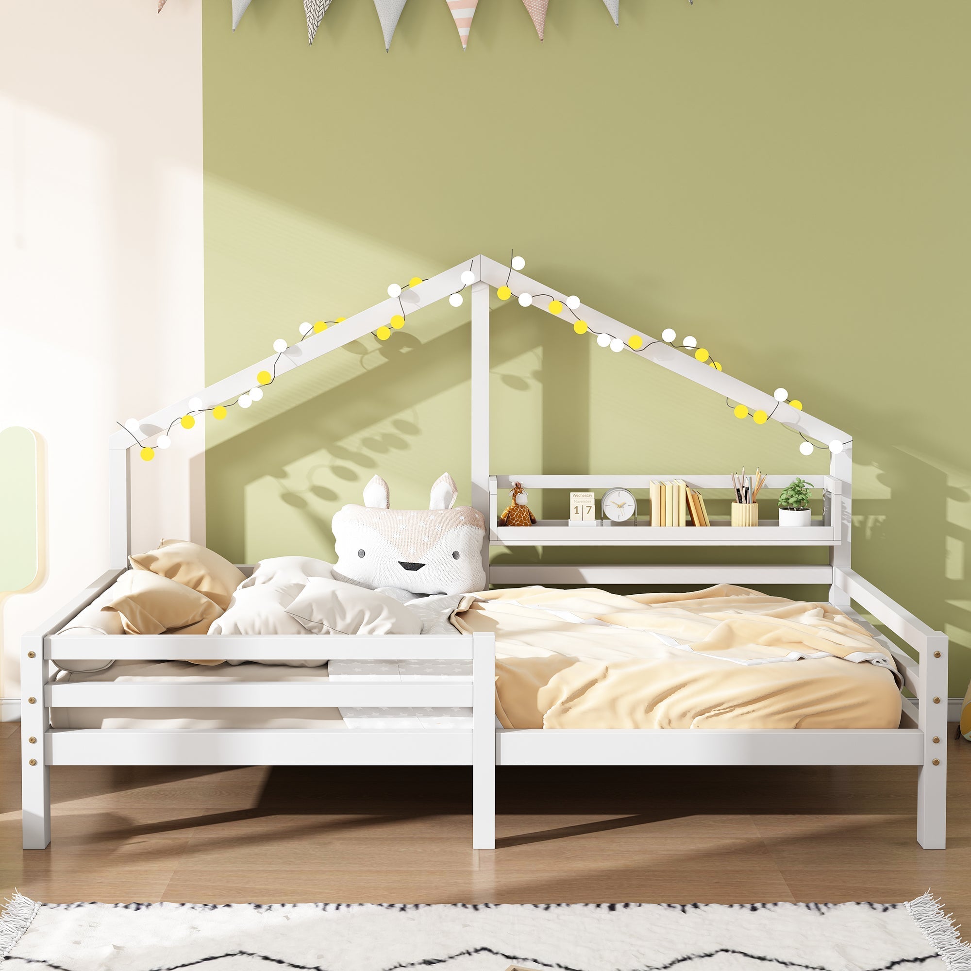 House Bed 90x200cm Storage Shelf Fireplace Shape - White