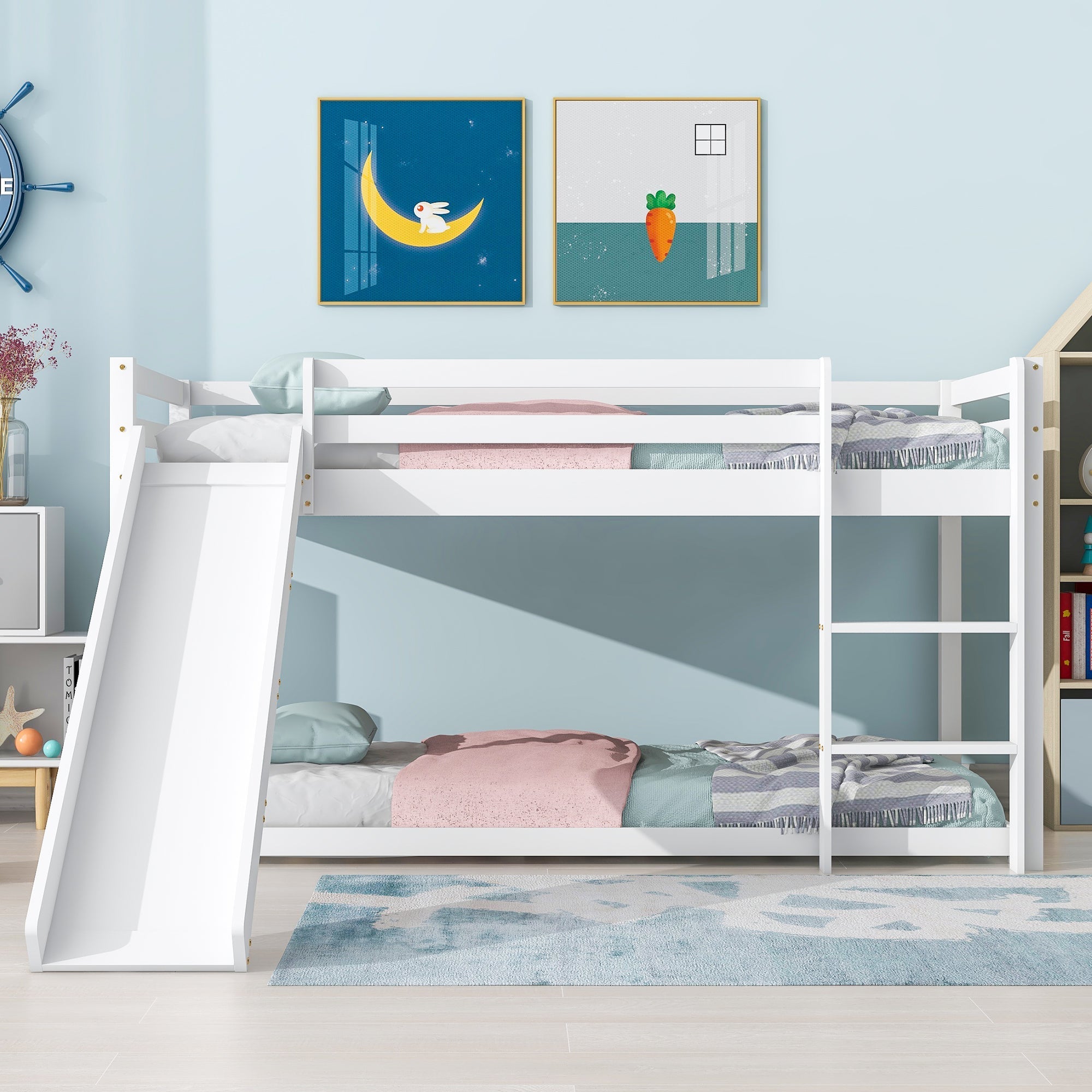 Children's Cabin Bed Frame with Slide & Ladder, Bunk Bed with Adjustable Lower Bed, White Wood