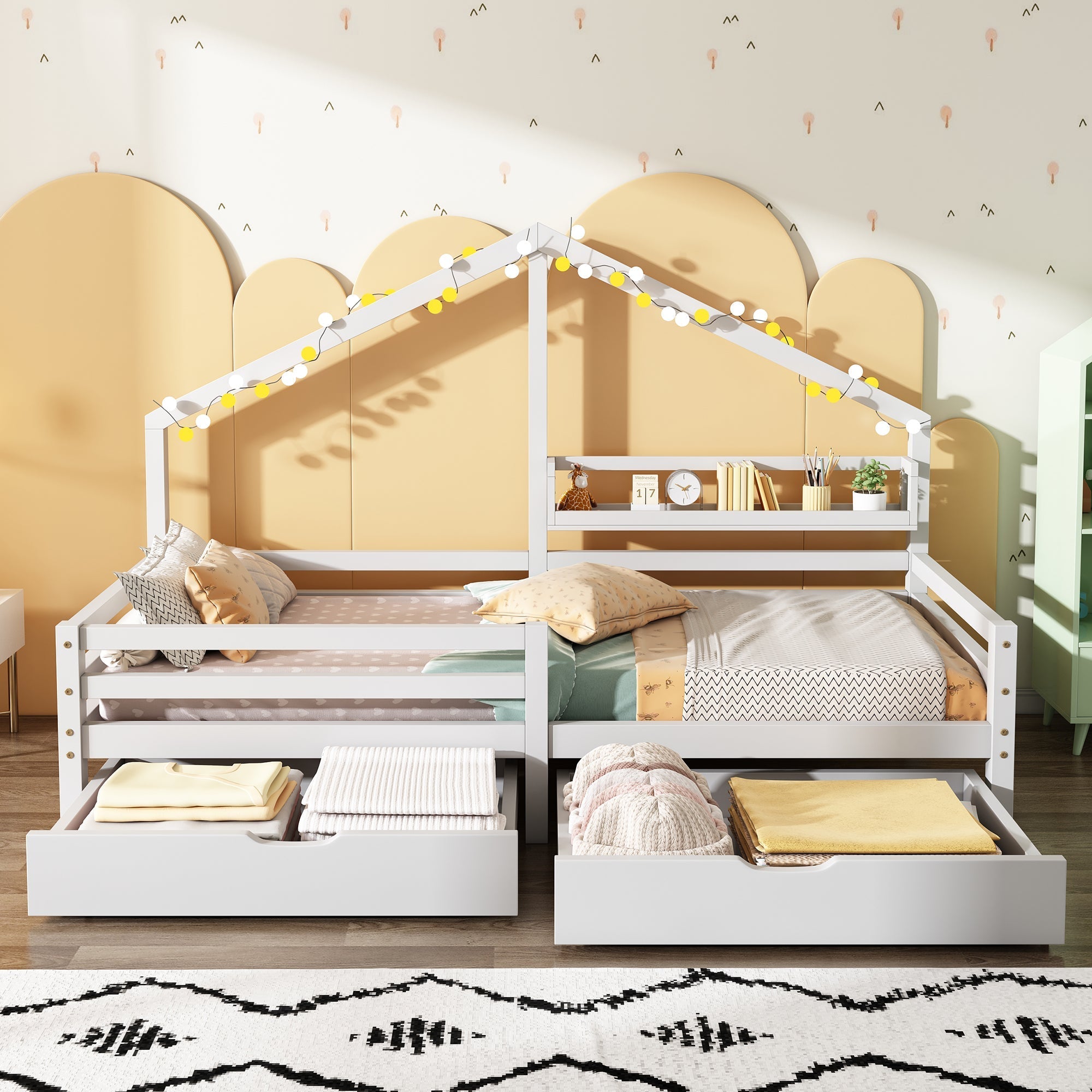House Bed 90x200cm with Storage Shelf 2 Drawers Fireplace Design - White