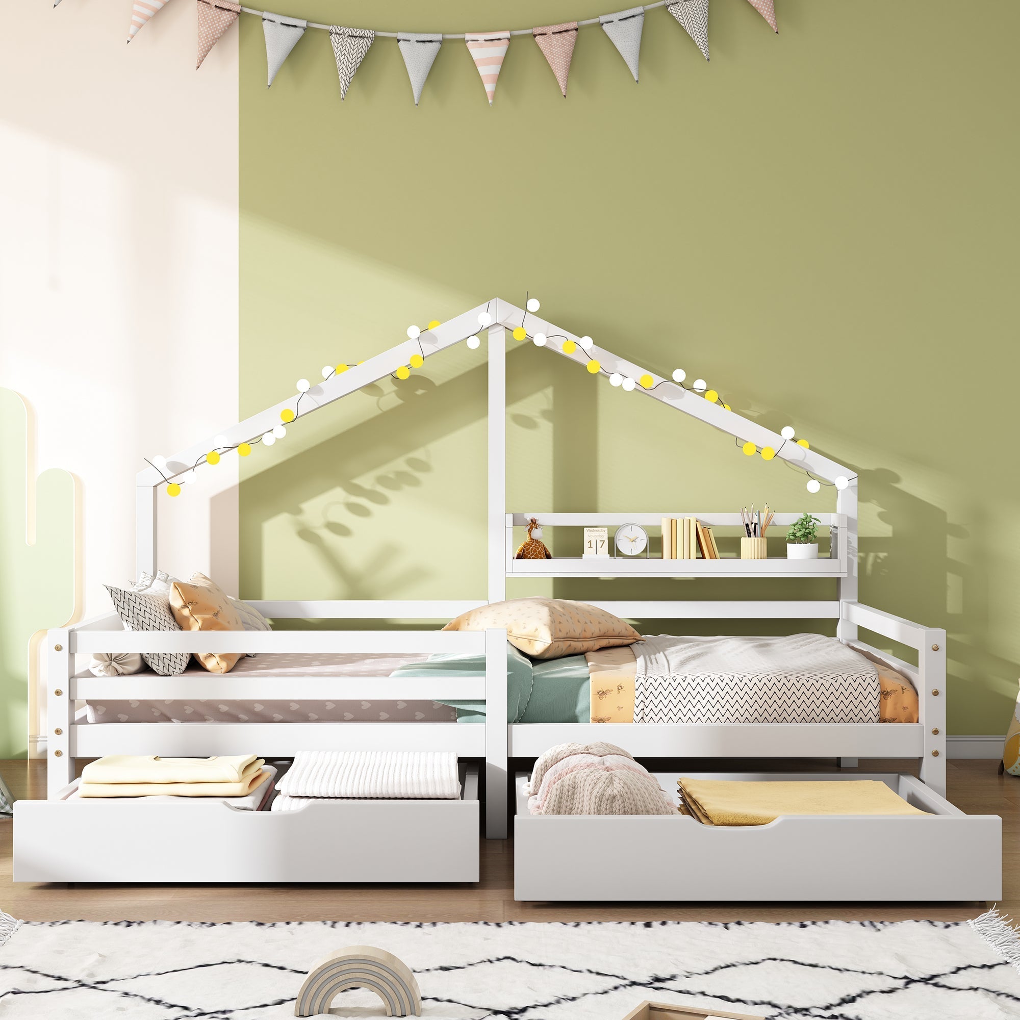 House Bed 90x200cm with Storage Shelf 2 Drawers Fireplace Design - White