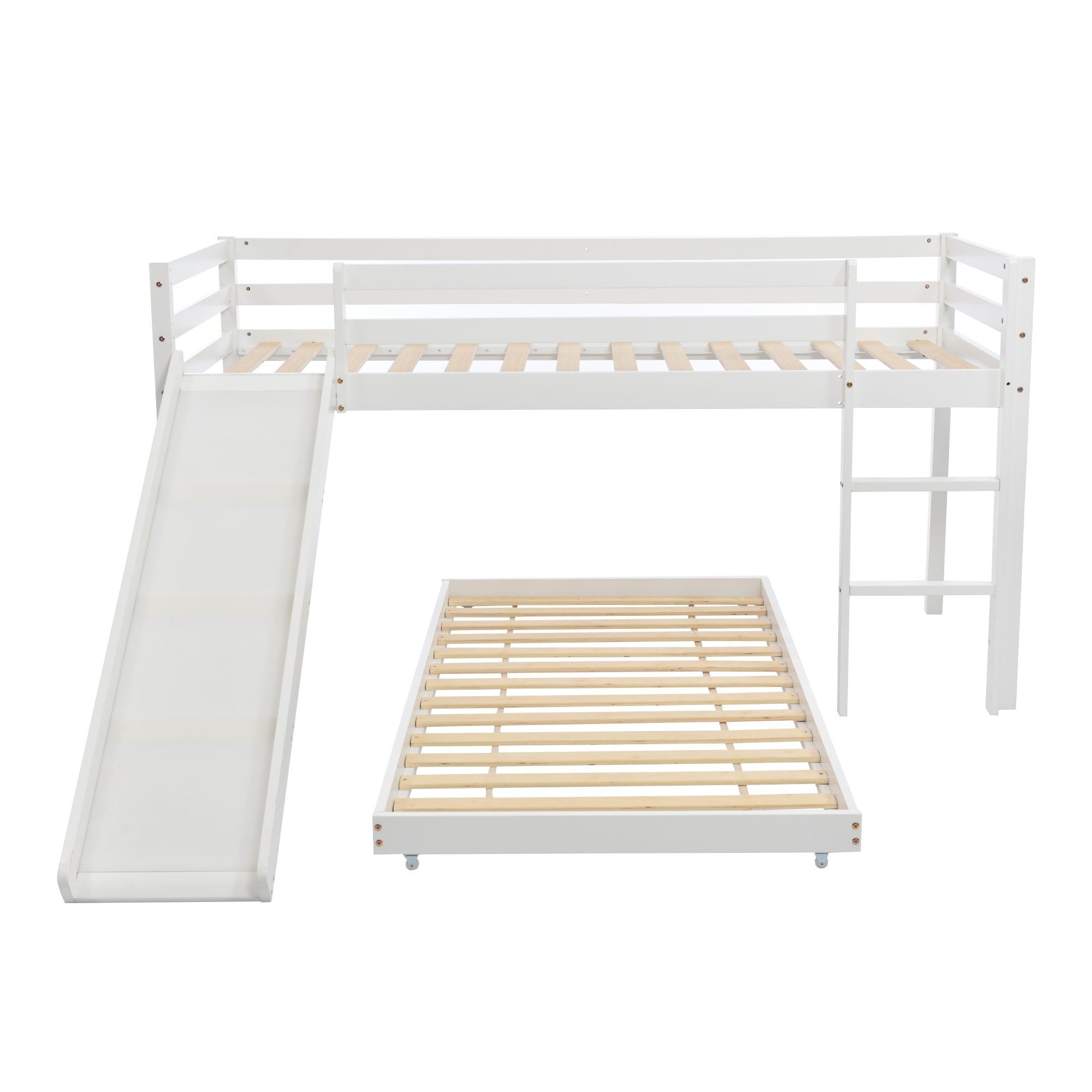 Children's Cabin Bed Frame with Slide & Ladder, Bunk Bed with Adjustable Lower Bed, White Wood
