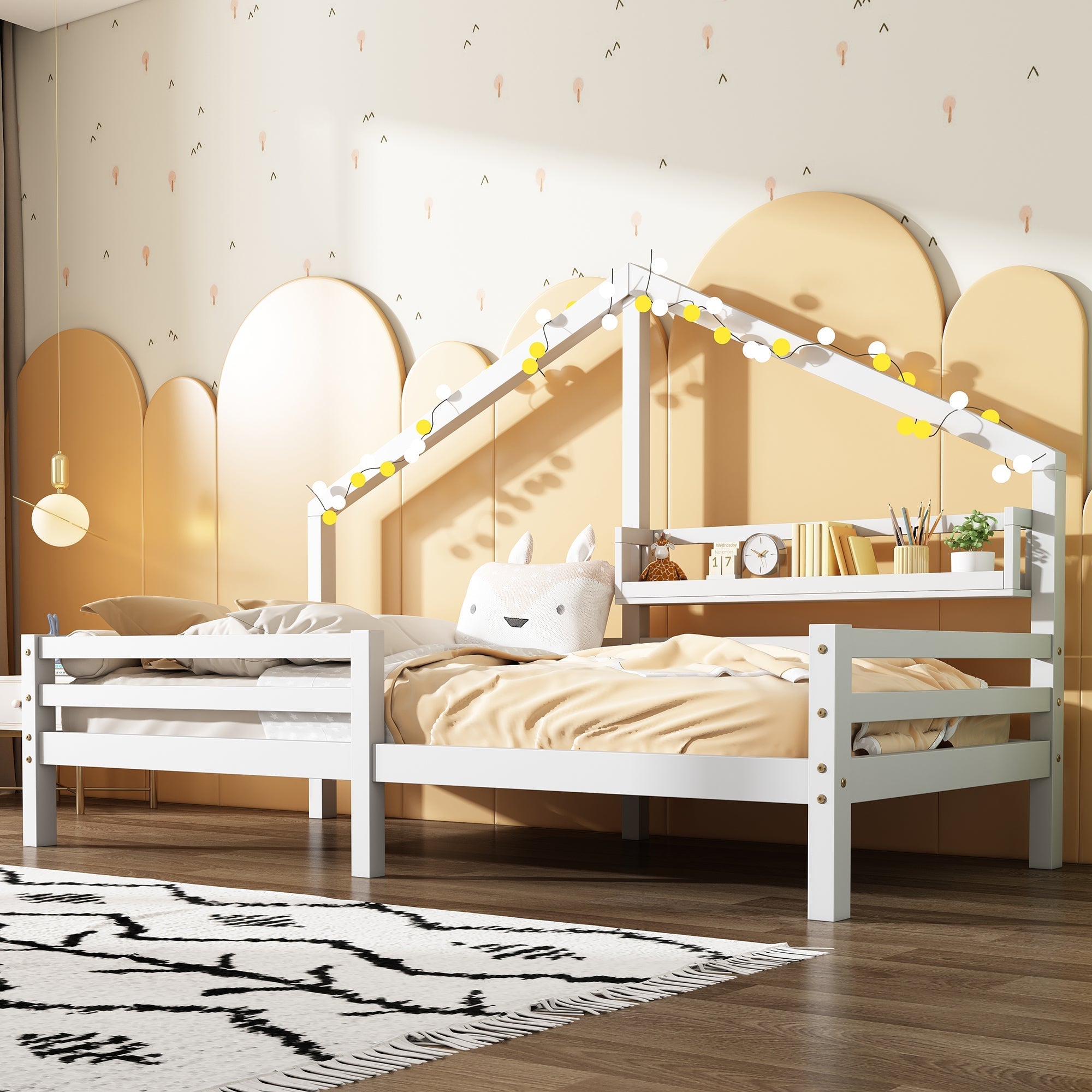 House Bed 90x200cm Storage Shelf Fireplace Shape - White