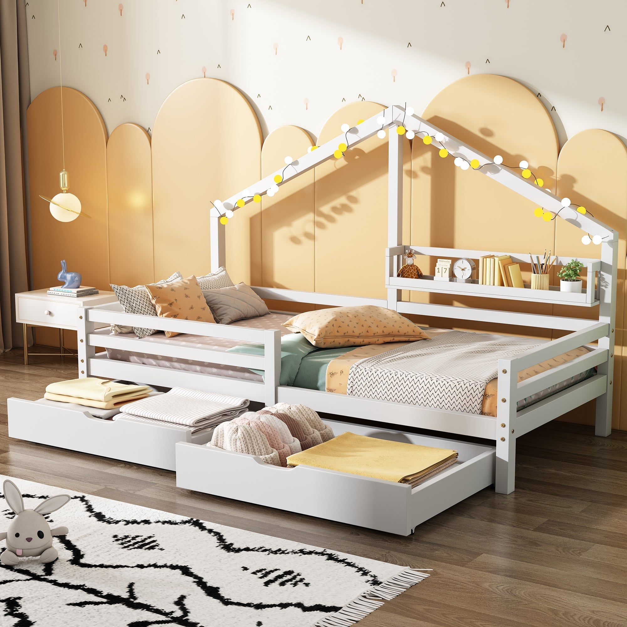 House Bed 90x200cm with Storage Shelf 2 Drawers Fireplace Design - White