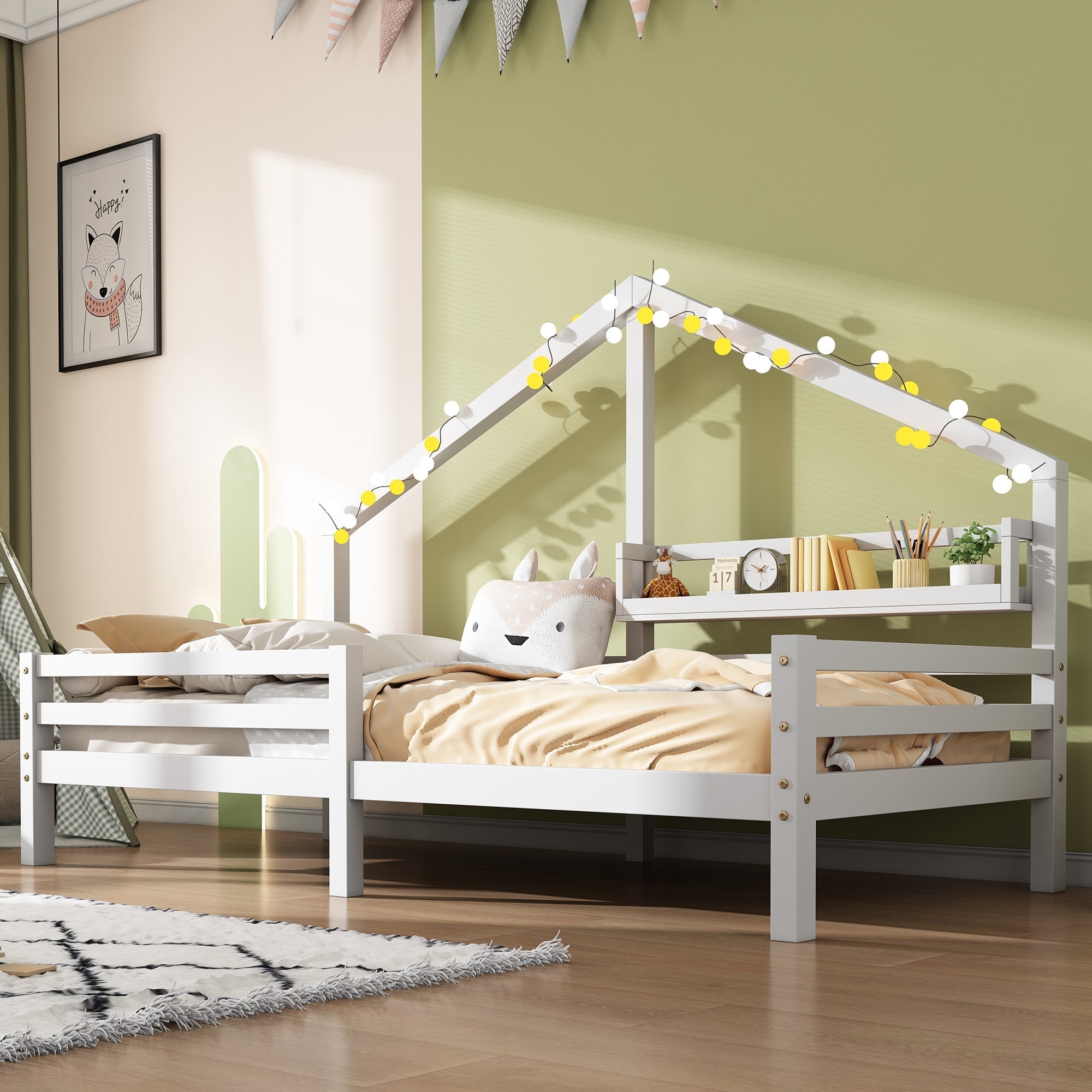House Bed 90x200cm Storage Shelf Fireplace Shape - White