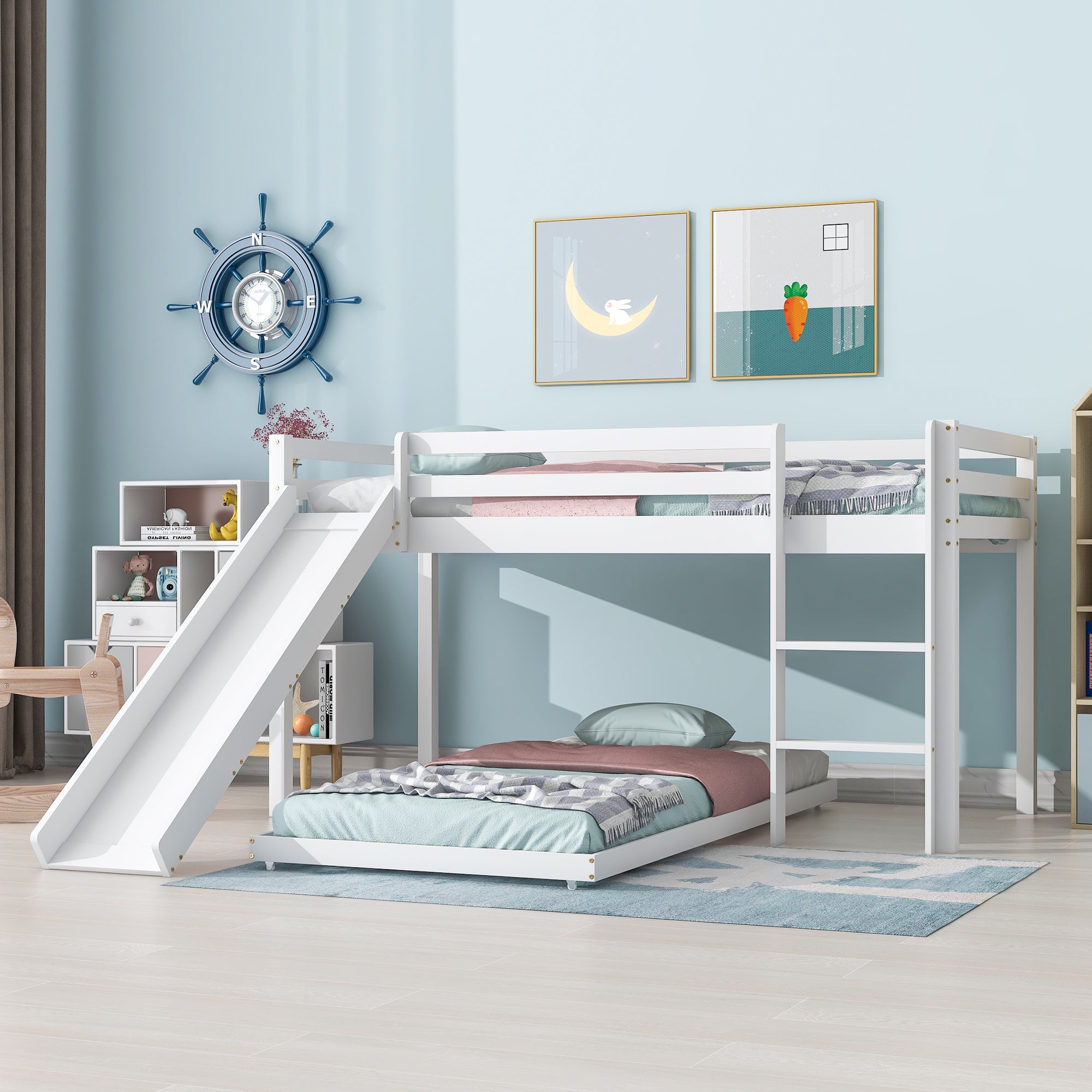 Children's Cabin Bed Frame with Slide & Ladder, Bunk Bed with Adjustable Lower Bed, White Wood