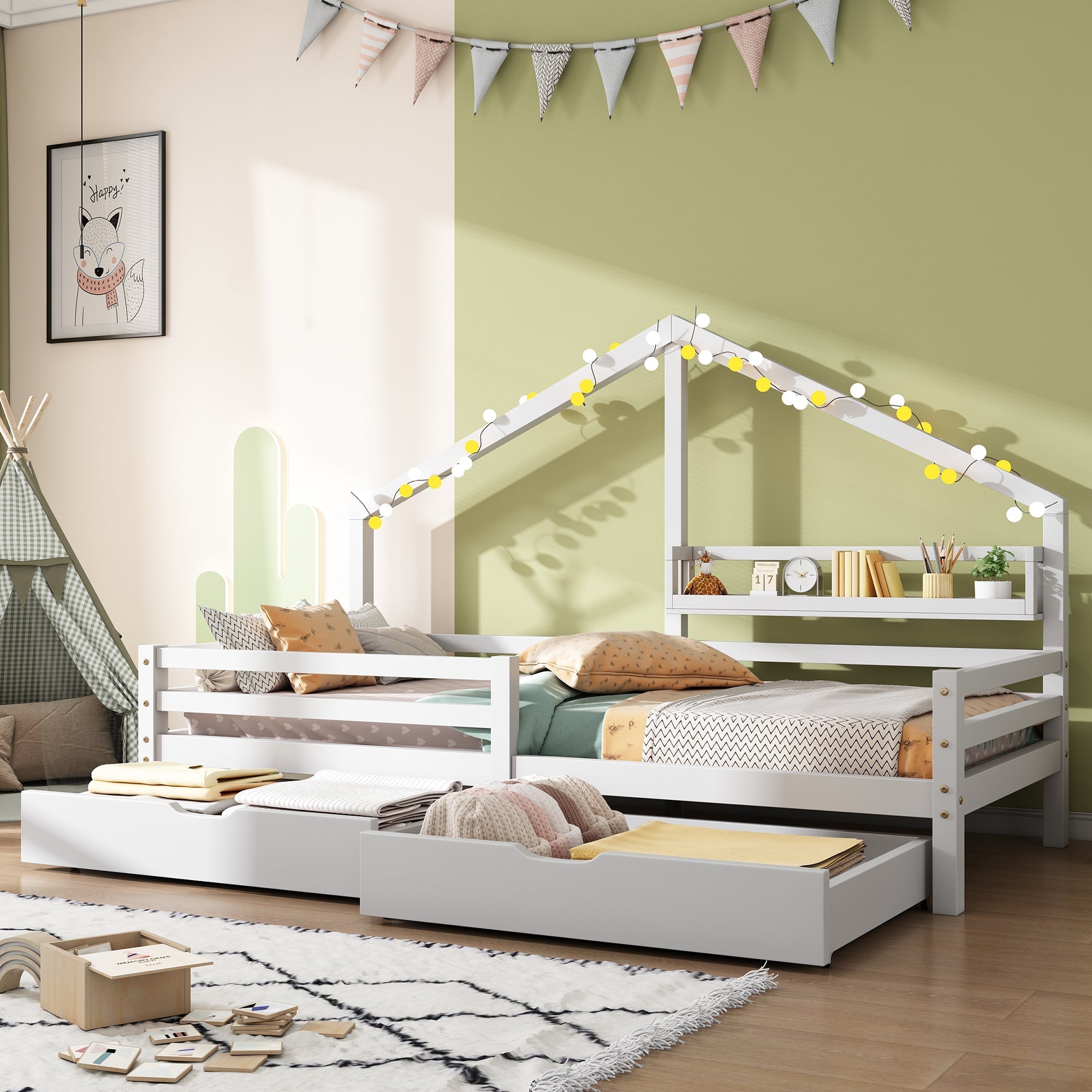 House Bed 90x200cm with Storage Shelf 2 Drawers Fireplace Design - White