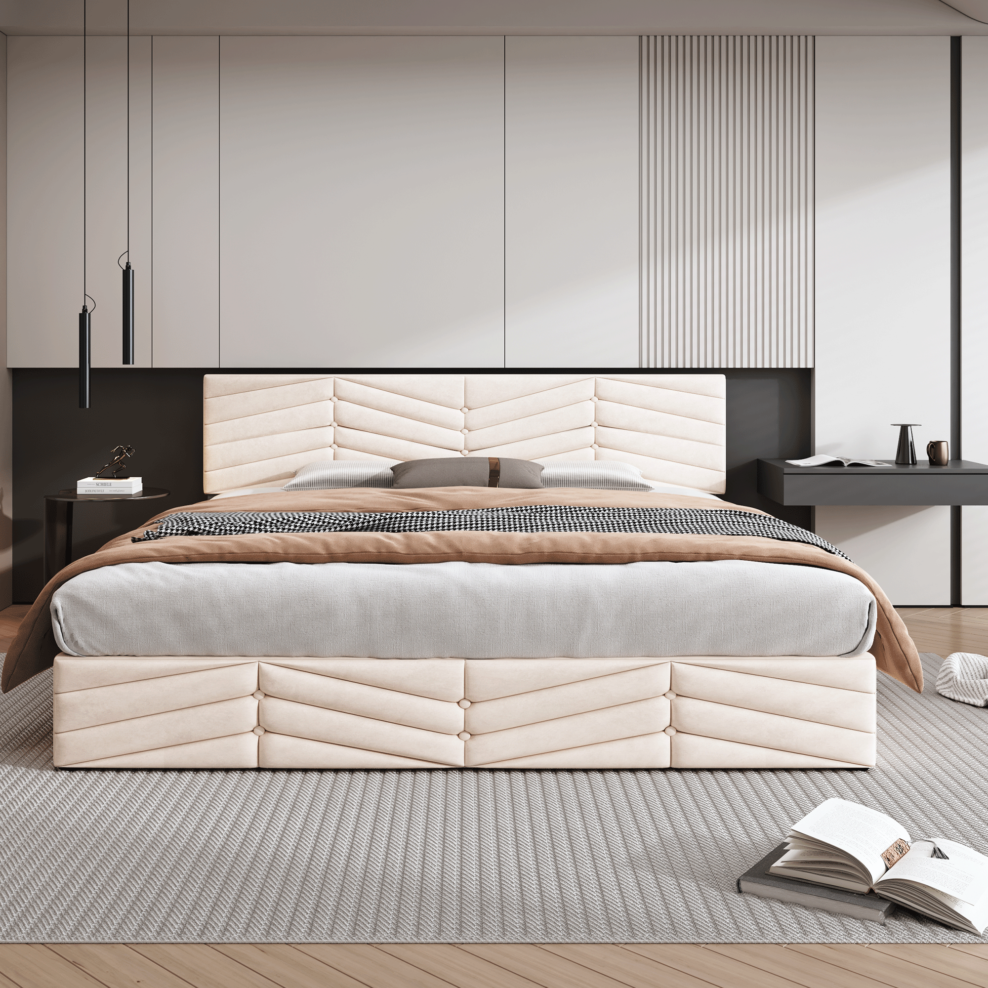 Upholstered Double Bed 160x200 Hydraulic Functional with Height-Adjustable Headboard, Striped Continental Style - Velvet Beige