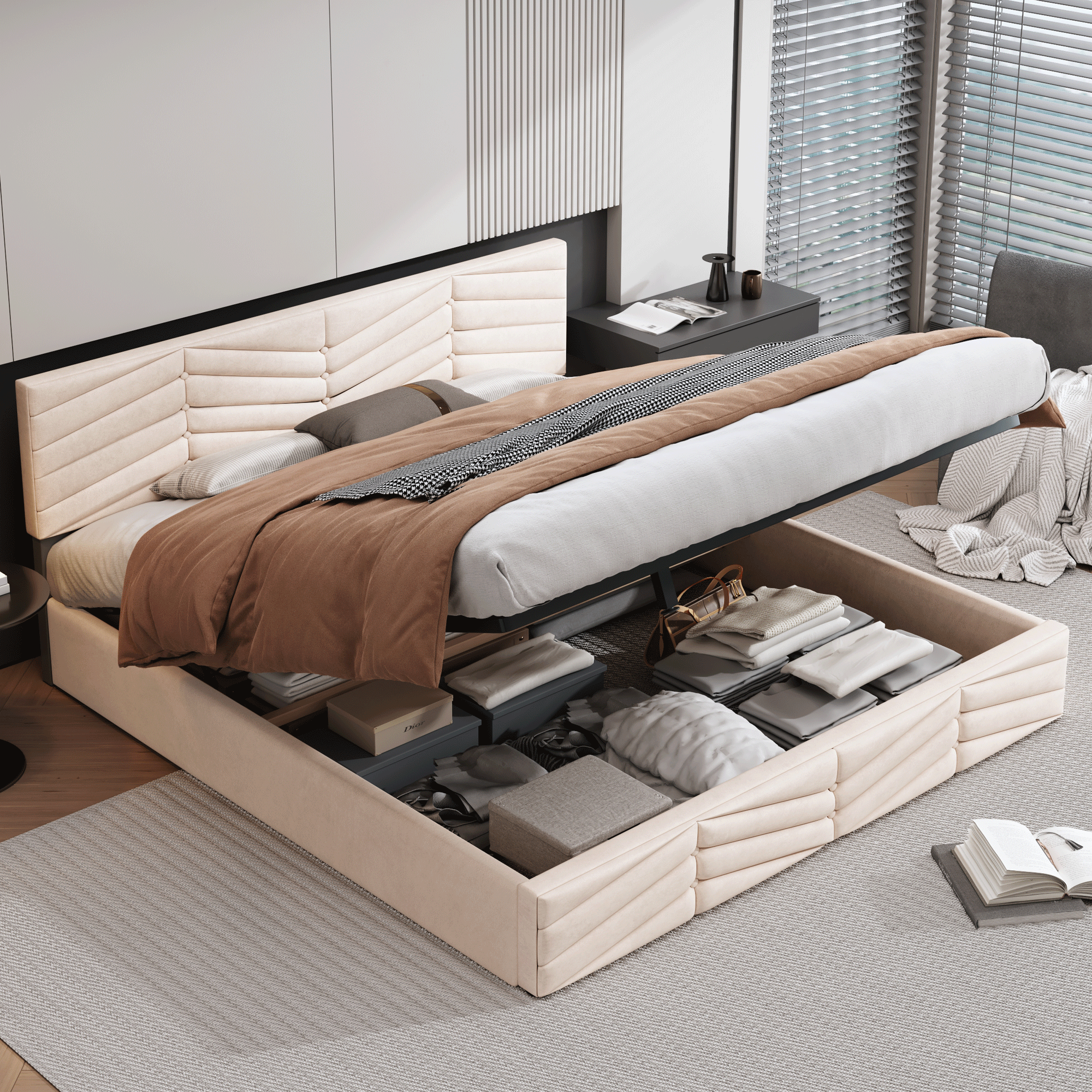 Upholstered Double Bed 160x200 Hydraulic Functional with Height-Adjustable Headboard, Striped Continental Style - Velvet Beige
