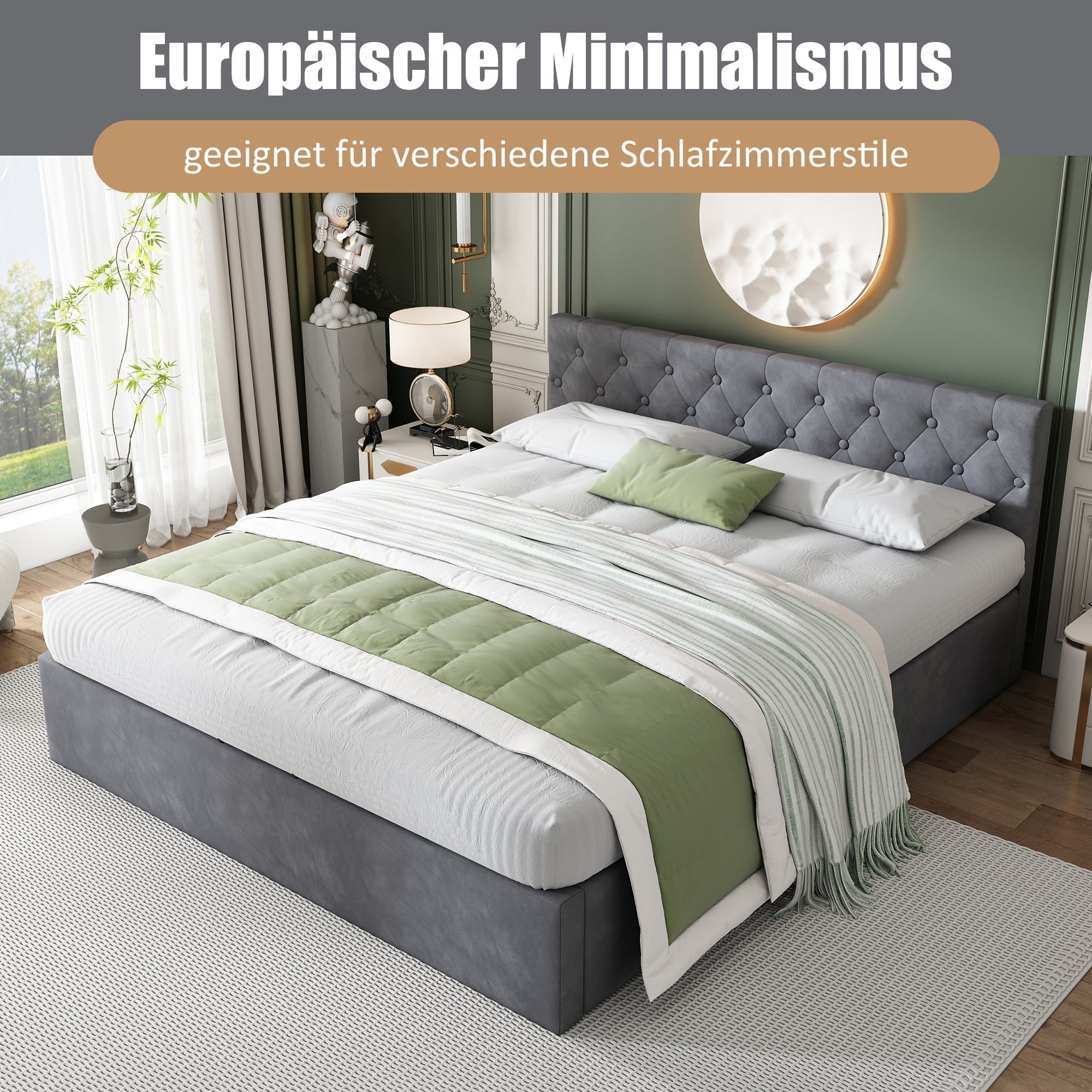 Upholstered Double Bed 140x200cm Hydraulic Storage Buttoned Headboard - Velvet Grey