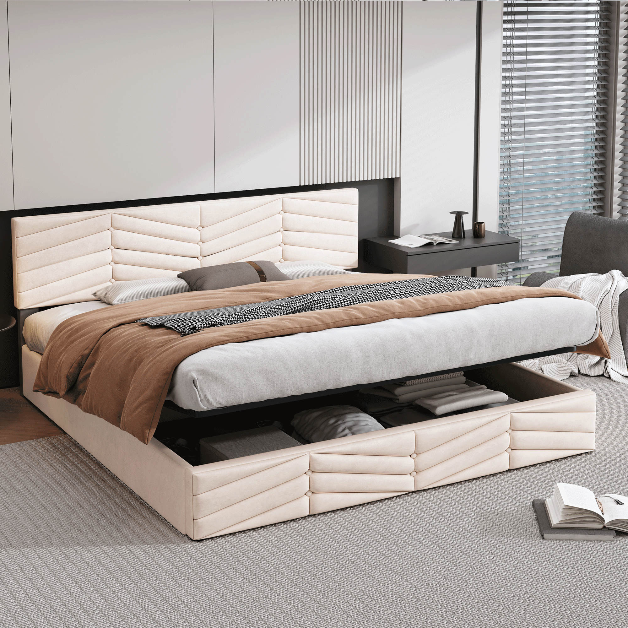 Upholstered Double Bed 160x200 Hydraulic Functional with Height-Adjustable Headboard, Striped Continental Style - Velvet Beige