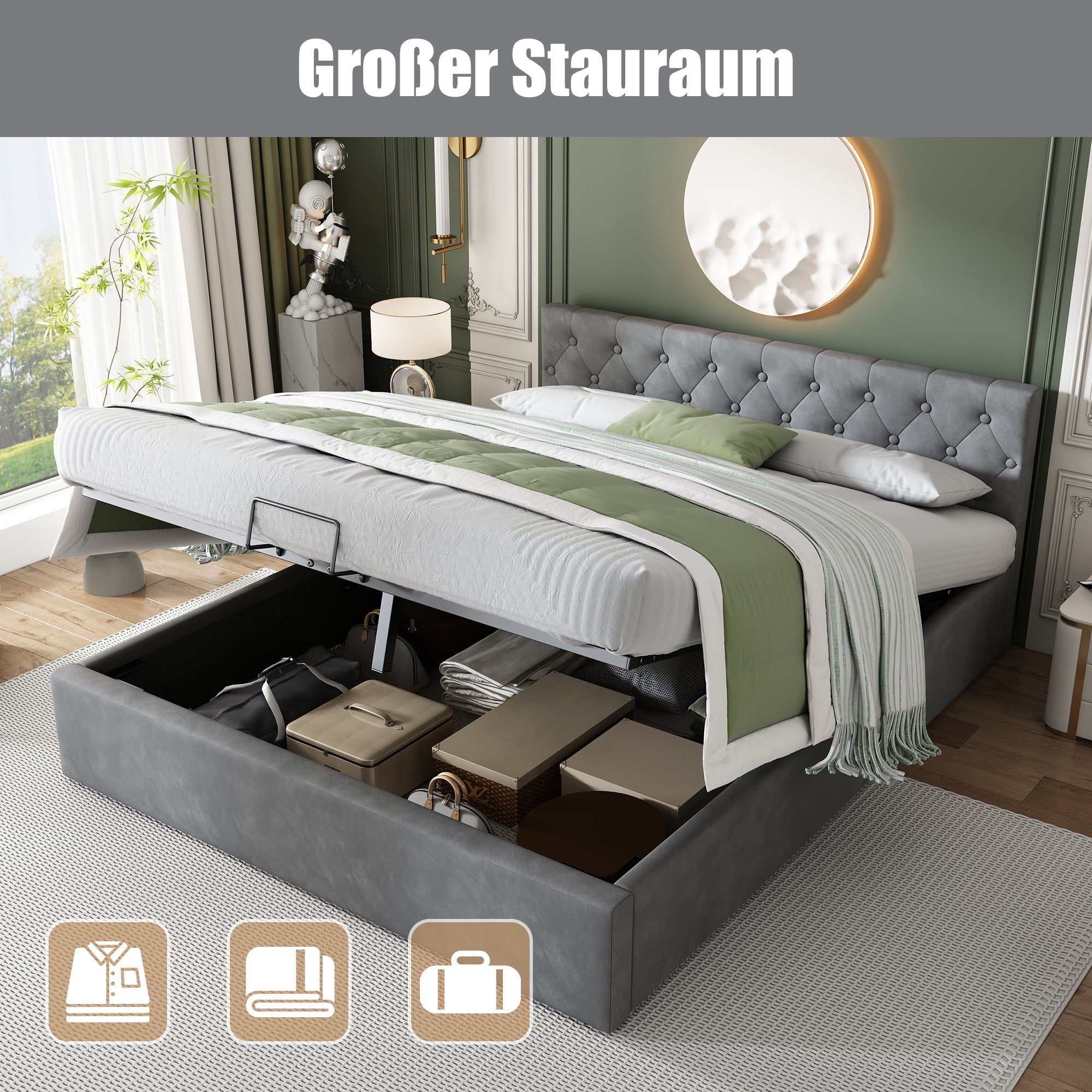 Upholstered Double Bed 140x200cm Hydraulic Storage Buttoned Headboard - Velvet Grey