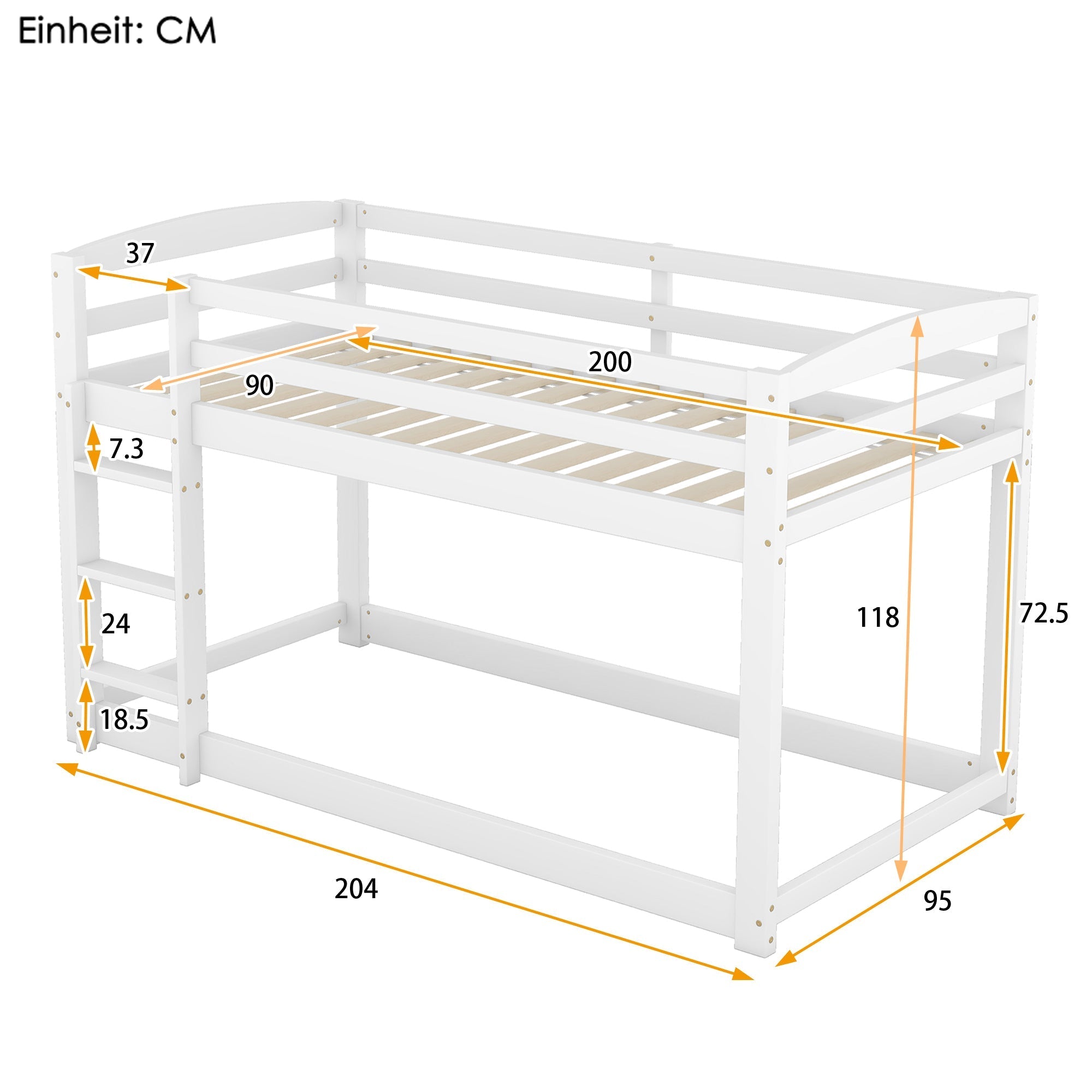 Bunk Bed 90x200cm Solid Pine Frame - White
